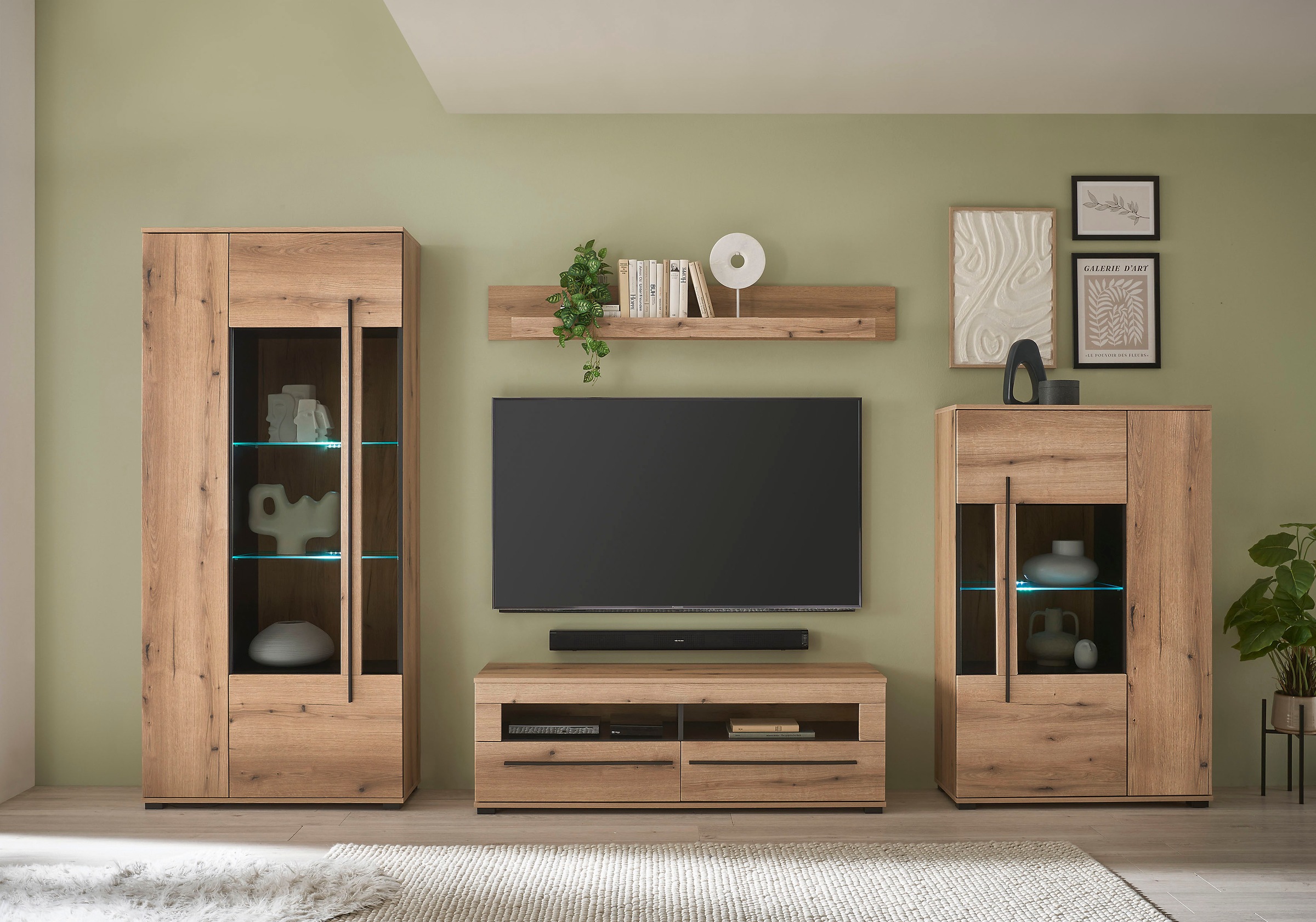 INOSIGN Wohnwand »Cantara, moderne Anbauwand, Wohnzimmer-Set, in Eiche Evoke oder Weiss«, (Set), enthält zwei Vitrinen, ein Lowboard und ein Wandboard