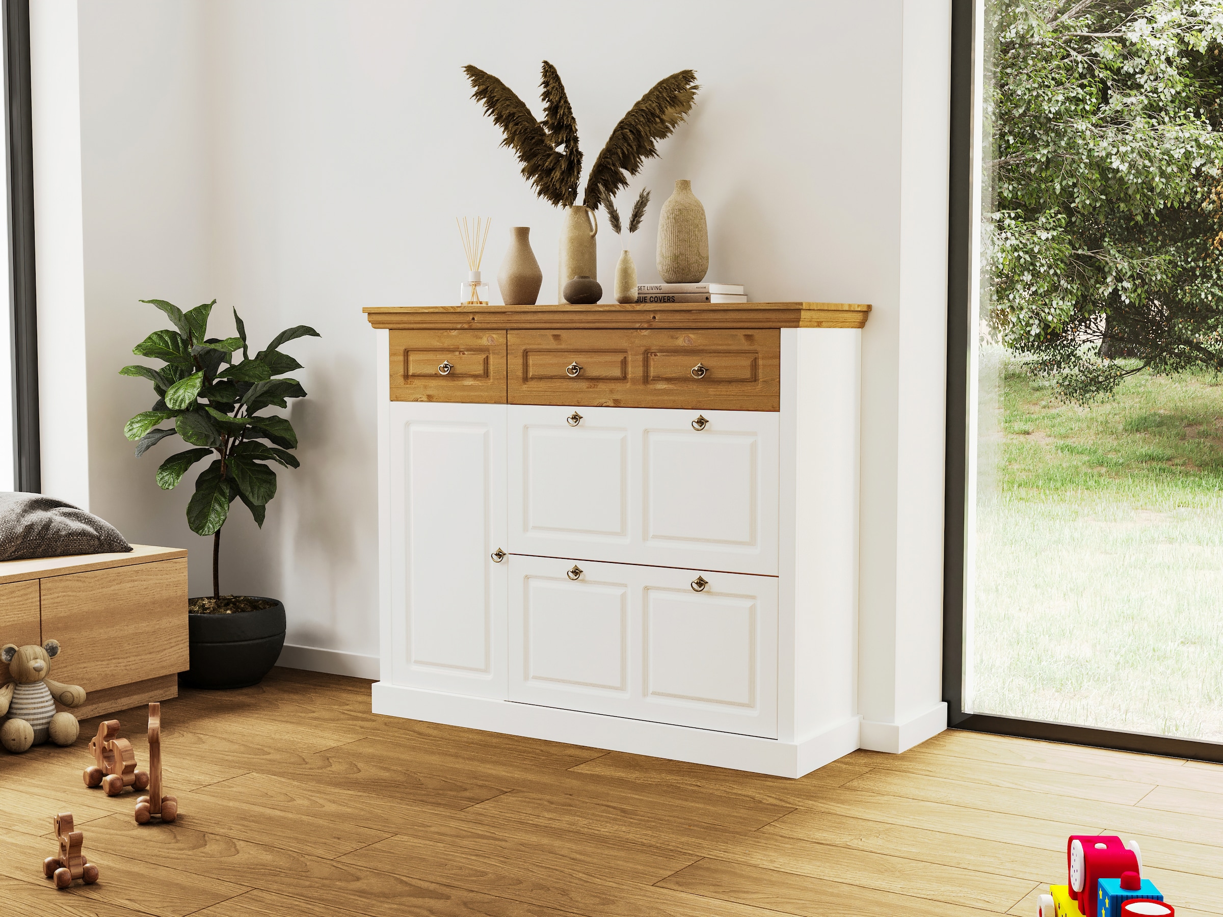 Home affaire Schuhschrank »Basilico«, Schuhkkommode, Breite 130 cm, Kassettenoptik, aus Massivholz, FSC®