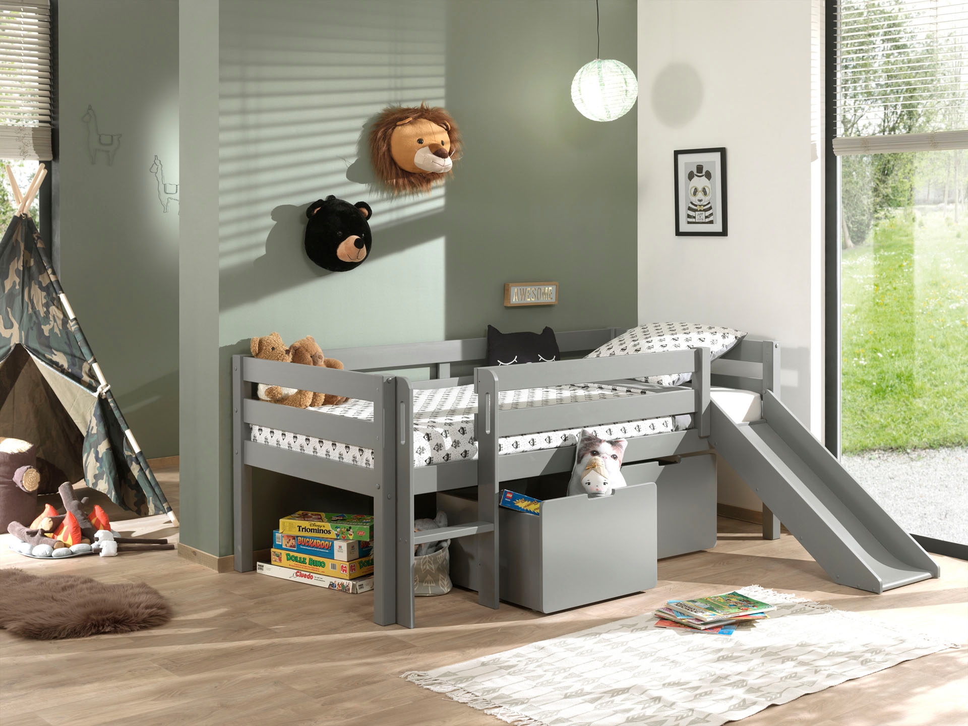 Vipack Spielbett »Pino, Kiefer massiv, mit Rolllattenrost, 2 Rollboxen, Made in Europe« B/H/T ca. 207,6x83x175cm, inkl. Leiter, Absturzschutz und Rutsche,  wahlweise mit oder ohne Hängeregal, 2 Farben zur Auswahl