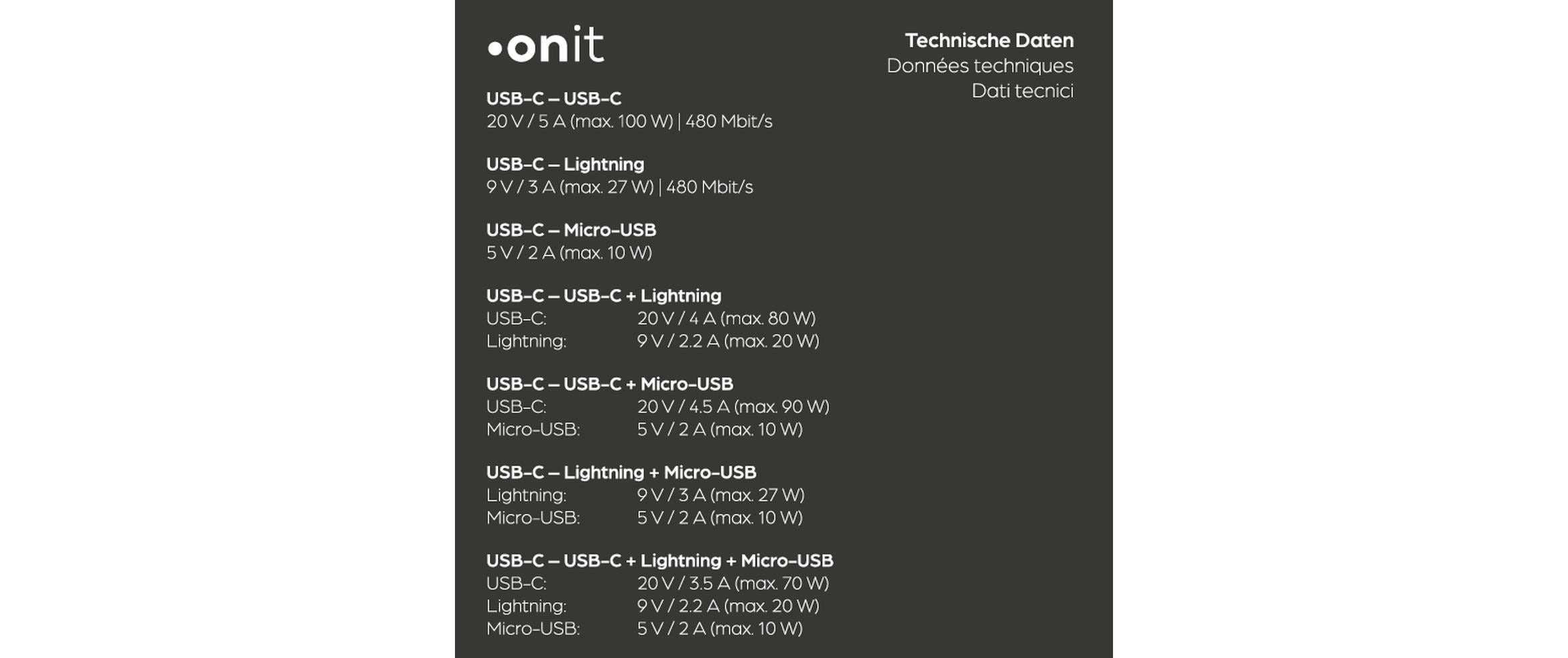 onit Câble USB »2.0-Kabel - Lightning/USB-C/Micro-USB B, 1,2 m« 120 cm Multiadapterkabel mit einer Ladeleistung von bis zu 100 W