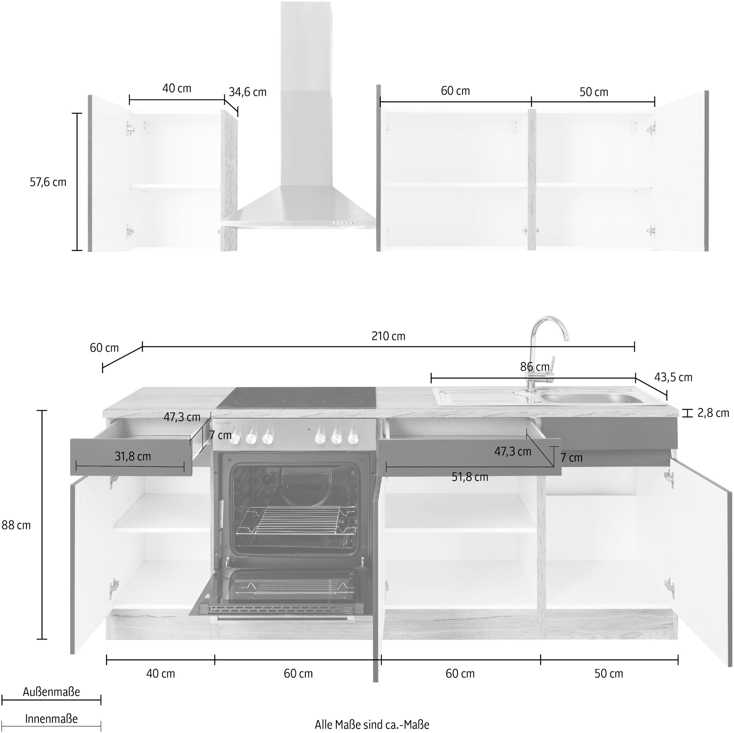 OPTIFIT Kitchenette »Roth« Breite 210 cm, wahlweise mit E-Geräten, Push-to-Open-Funktion