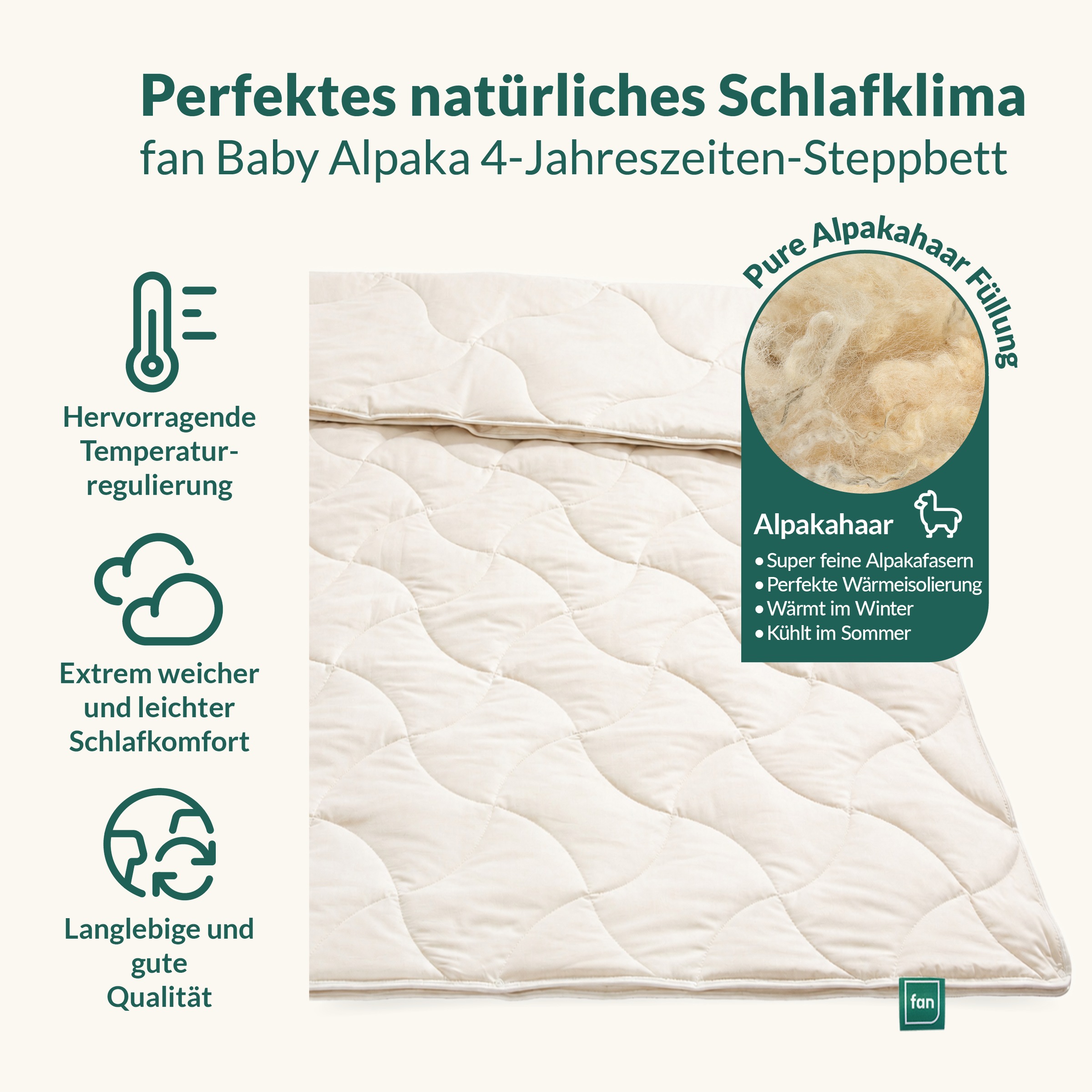 fan Naturhaarbettdecke "Baby Alpaka, Bettdecke in 135x200 und weiteren Größen erhältlich" 4-Jahreszeiten Füllung 97% Alpaka & 3% sonstige Faser 1 Stk. tlg. Bettdecke aus Naturhaar hergestellt in Deutschland