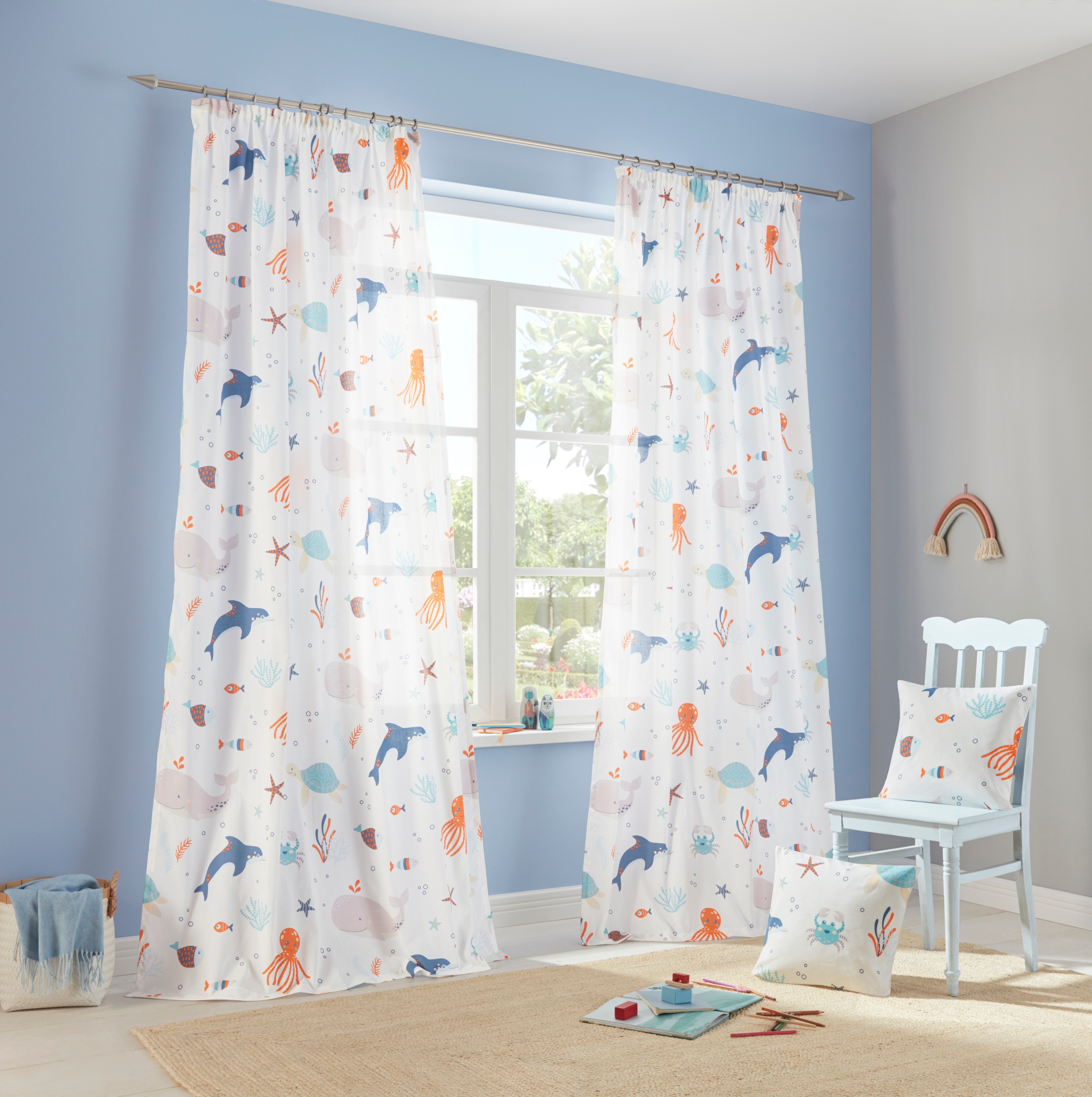 Image of GOODproduct Gardine "OCEAN, 1 Stück, Kräuselband, halbtransparent, Meer- und Tiermotiv" Kräuselband 1 Stk. tlg. Kindergardine, mit Meeresmotiven einseitig bedruckt, Tiere