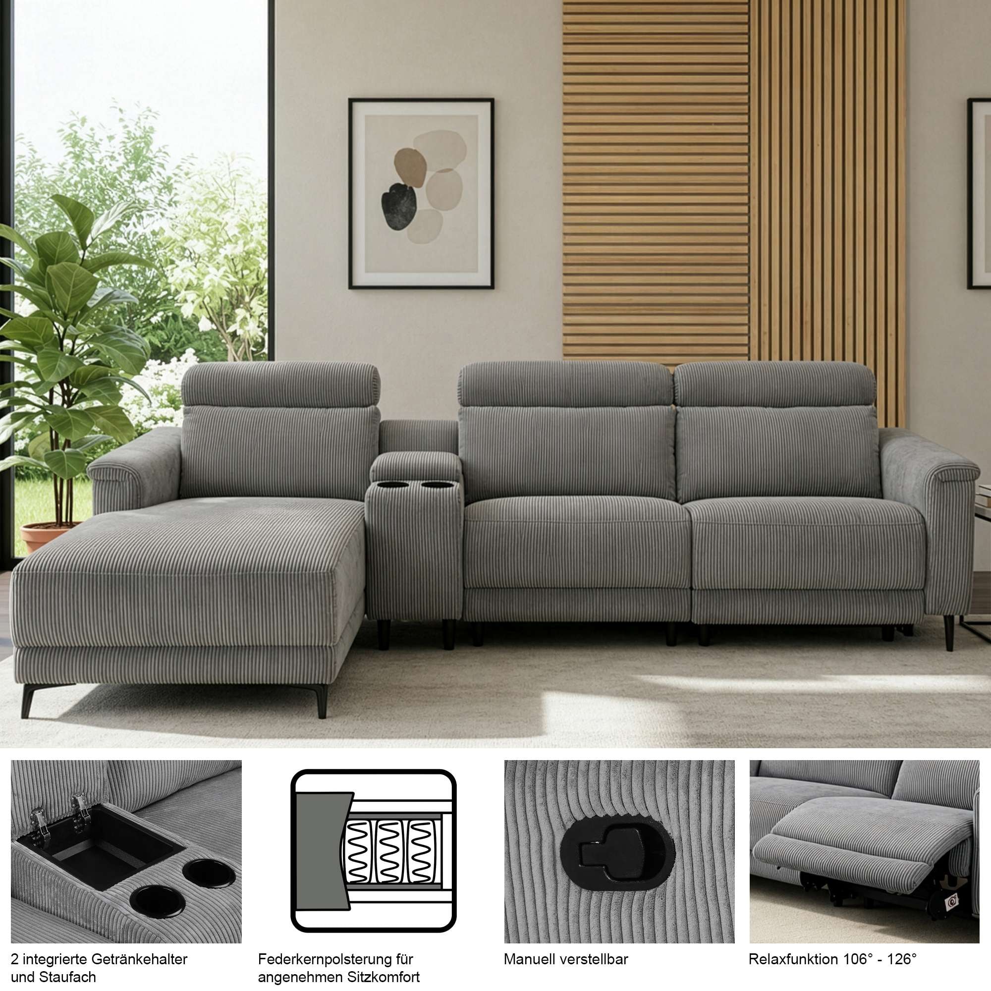 GOODproduct Canapé d'angle »LUND Kinosofa, L-Form, 298cm, man./elektr. Relaxfunktion (mit USB-A/C)« USB-A/C bei elektr.Variante, Kopfteilverstellg/Getränkehalter/Staufach