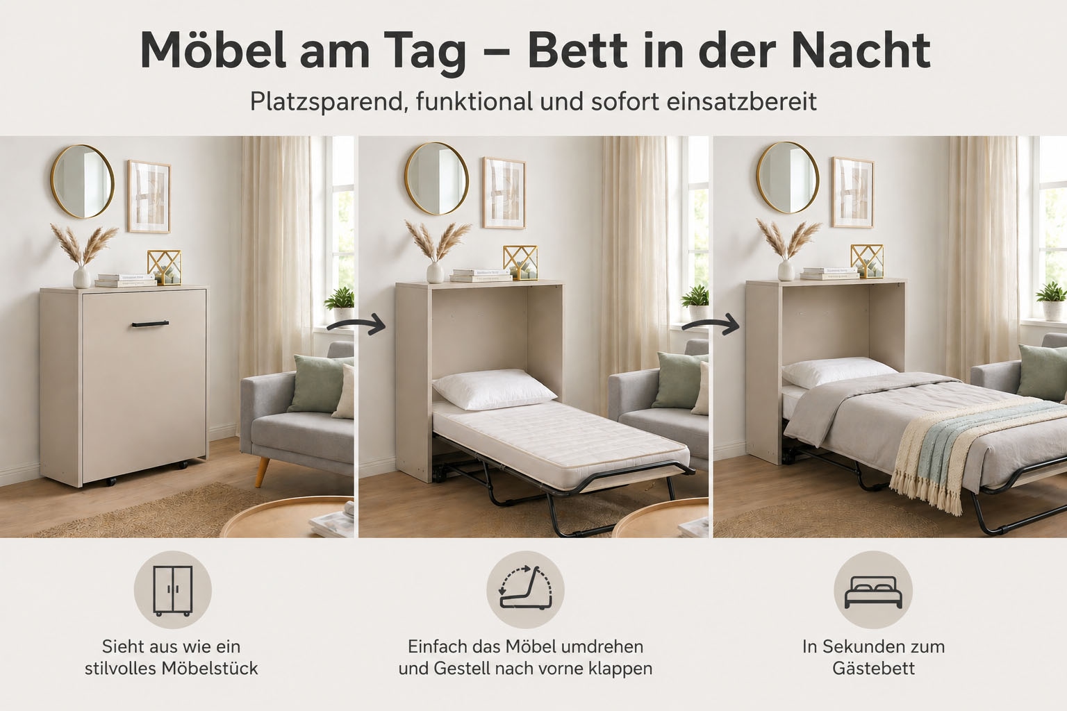 Home affaire Schrankbett »Sognum als Gästebett nutzbar, Wandklappbett in Kommodenoptik« in den Farben weiss, schwarz und kaschmir erhältlich,  inkl. Matratze, platzsparendes Klappbett, optimal für kleine Räume