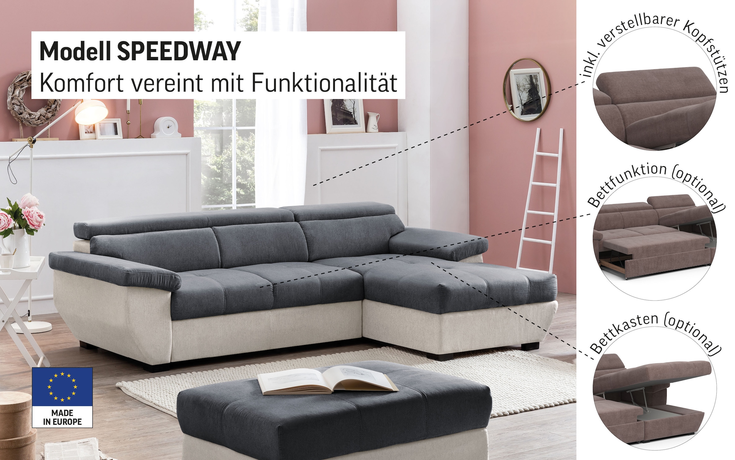 COTTA Ecksofa »Speedway L-Form« mit Kopfteilverstellung, wahlweise mit Bettfunktion & Bettkasten