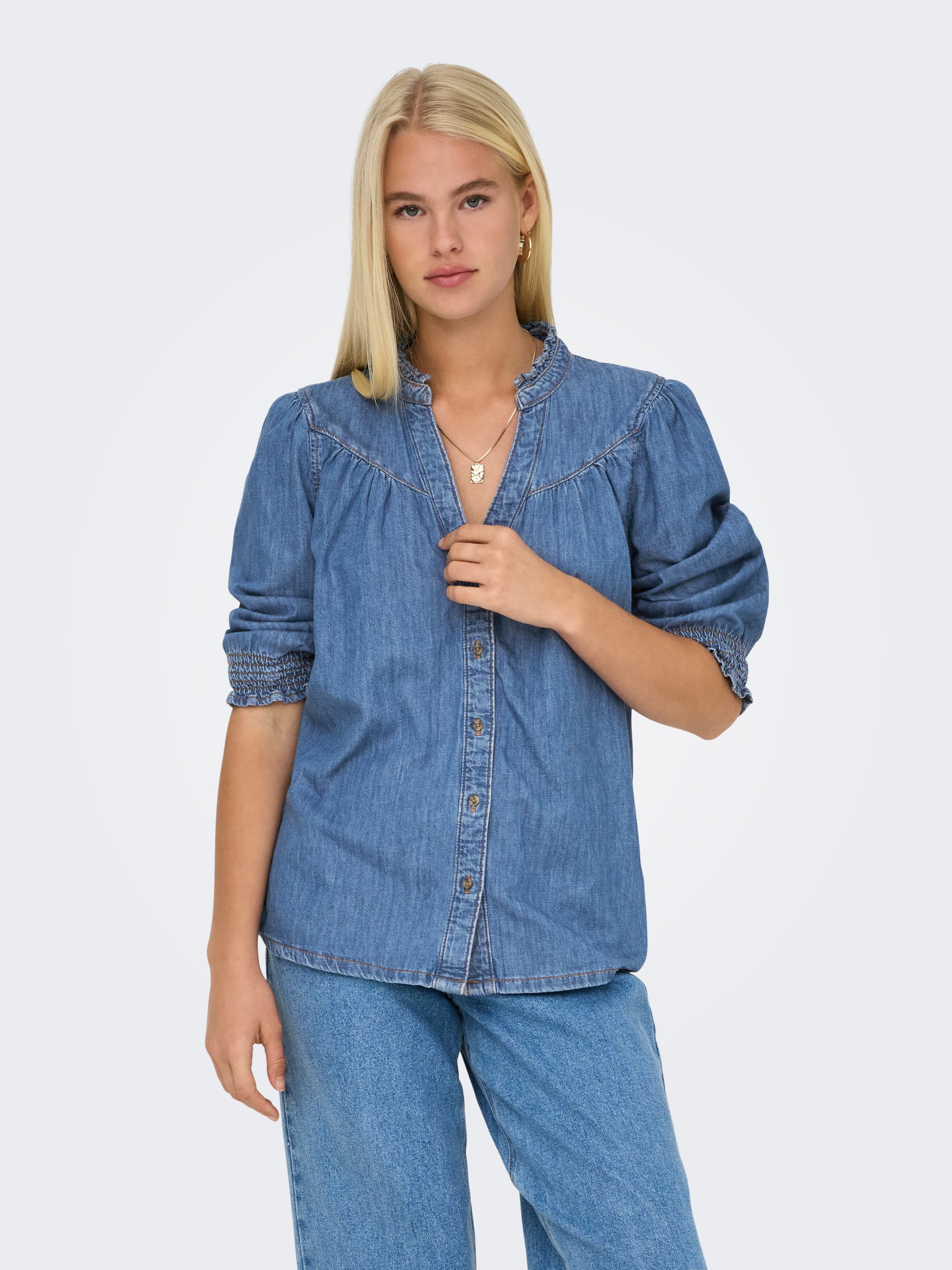 Image of ONLY Jeansbluse "ONLRAYA 3/4 SHIRT DNM AKM NOOS" mit Rüschenkragen