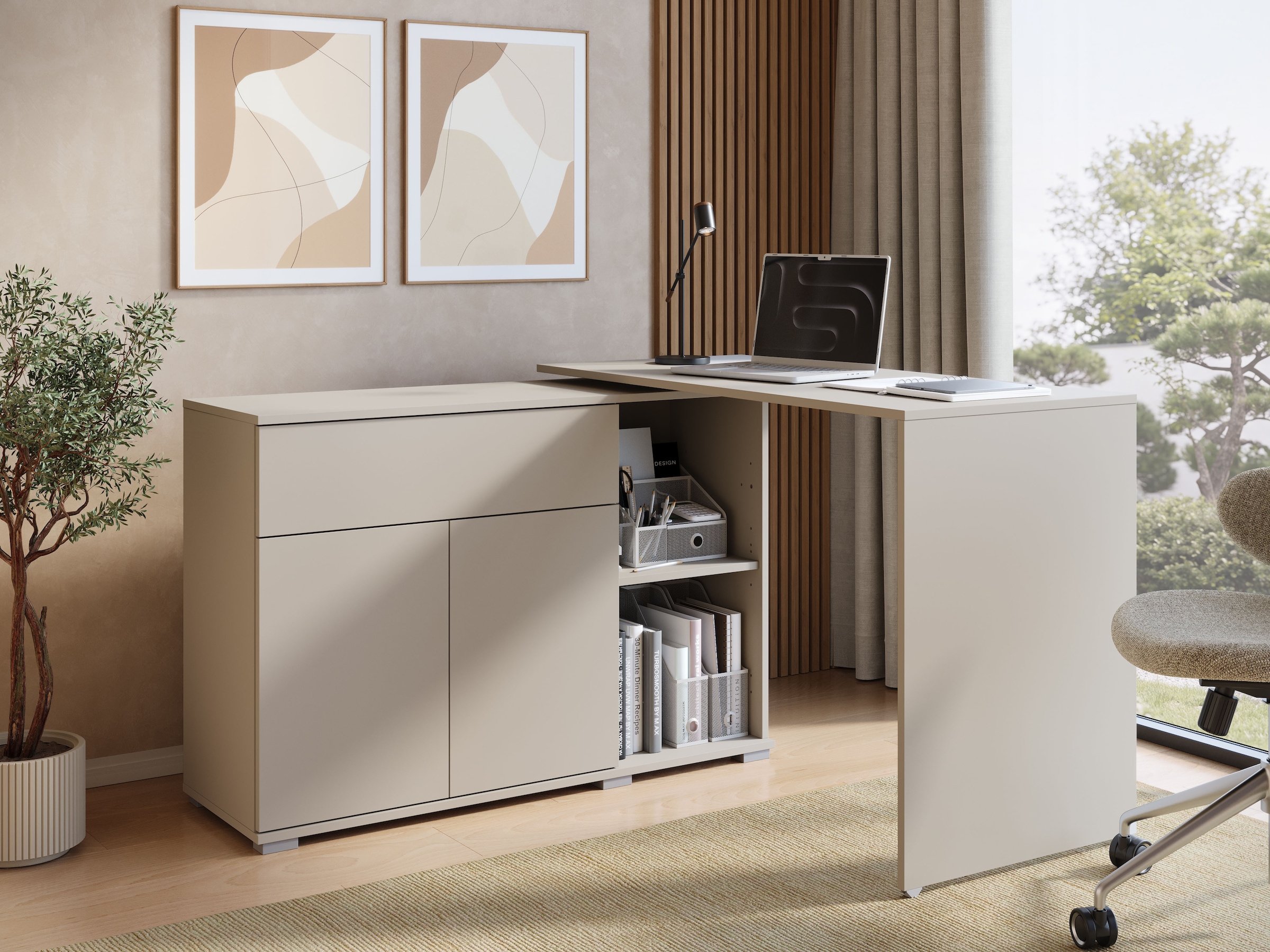GOODproduct Schreibtisch »Kenia mit drehbarer Tischplatte 90°/180°, B/H/T: 109,5/75/50 cm« 1 Stk. tlg. Schublade & Türen mit Push-to-open, 2 höhenverstellbare Böden