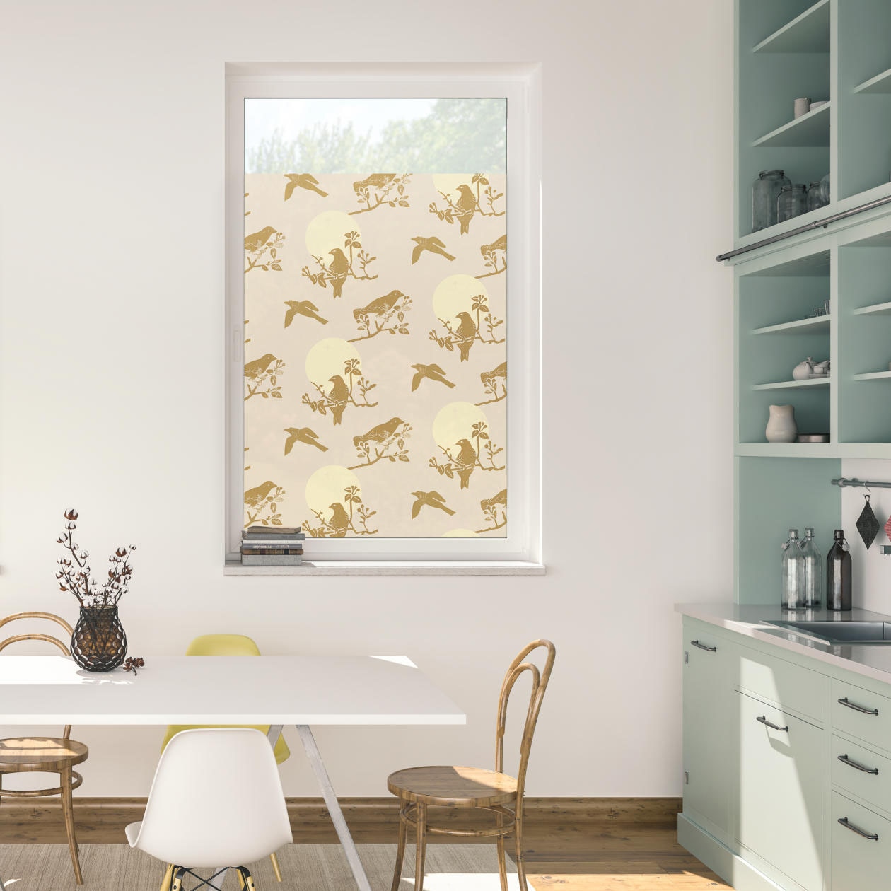 Image of LICHTBLICK ORIGINAL Fensterfolie "Fensterfolie selbstklebend, Sichtschutz, Moon Birds - Beige" 1 Stk. blickdicht glatt statisch haftend