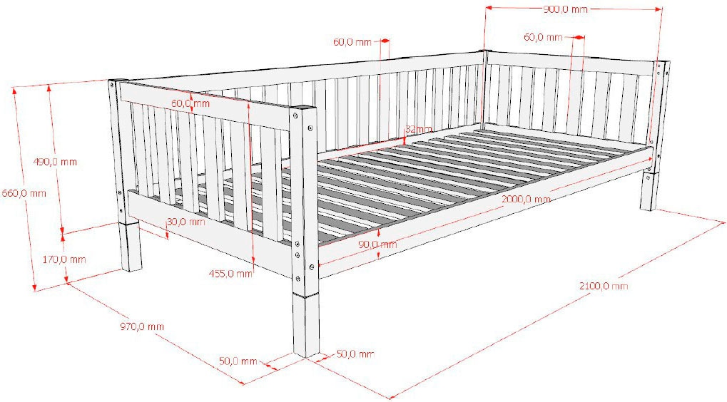 Vipack Kinderbett »Dallas, massiv Bett, Rausfallschutz, umbaubar vom Boden- zum Daybett« inkl. Rolllattenrost und Sprossenumrandung, 90 oder 140x200 cm breit,  stabil und standfest gebaut, wahlweise Kiefer massiv natur oder weiss