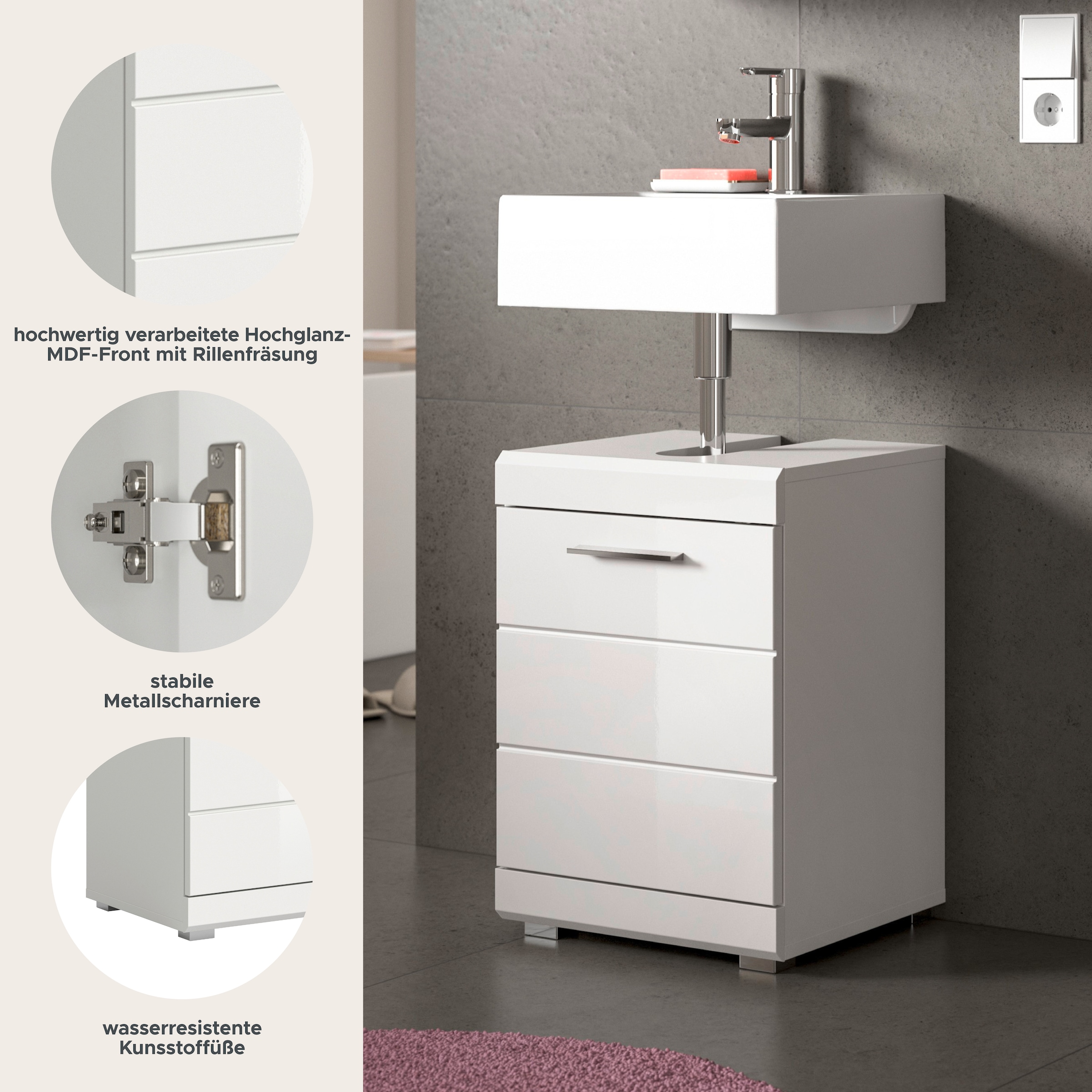 welltime Waschbeckenunterschrank »SIENA, Breite 40cm, 1 Tür, 1 Einlegeboden, 2 Fächer, MDF-Front« WBU, Badmöbel, Badschrank, Kommode, Unterschrank, Bad, Badezimmer