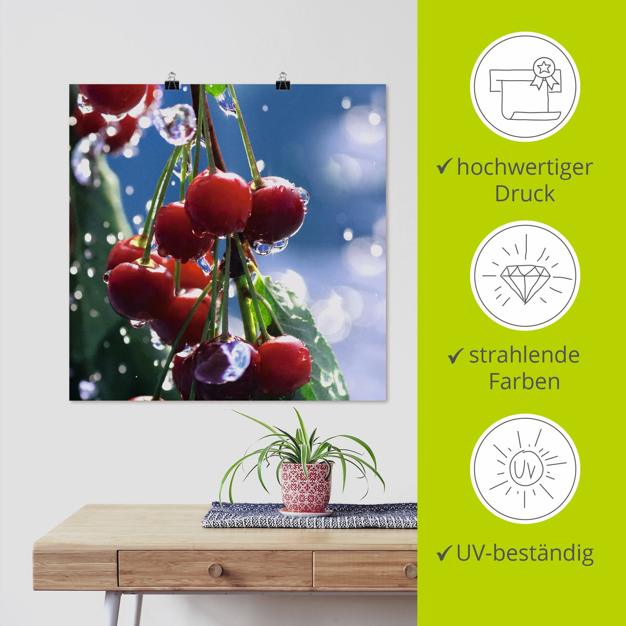 Artland Poster »Rote Kirschen im Sommerregen«, Lebensmittel, (1 St.), als Alubild, Leinwandbild, Wandaufkleber oder Poster in versch. Grössen