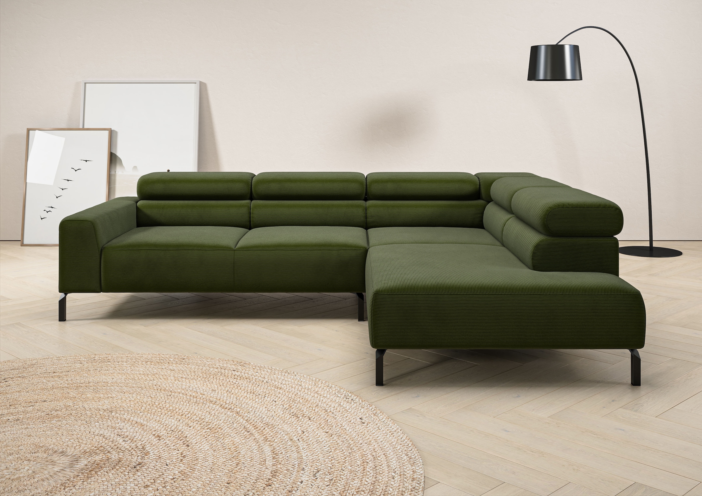 Image of Home affaire Ecksofa "Antonelli, L-Form, inkl. Kopfteilverstellung, Breite 276 cm, bequem" ohne Sitztiefenverstellung, in Feincord, moos
