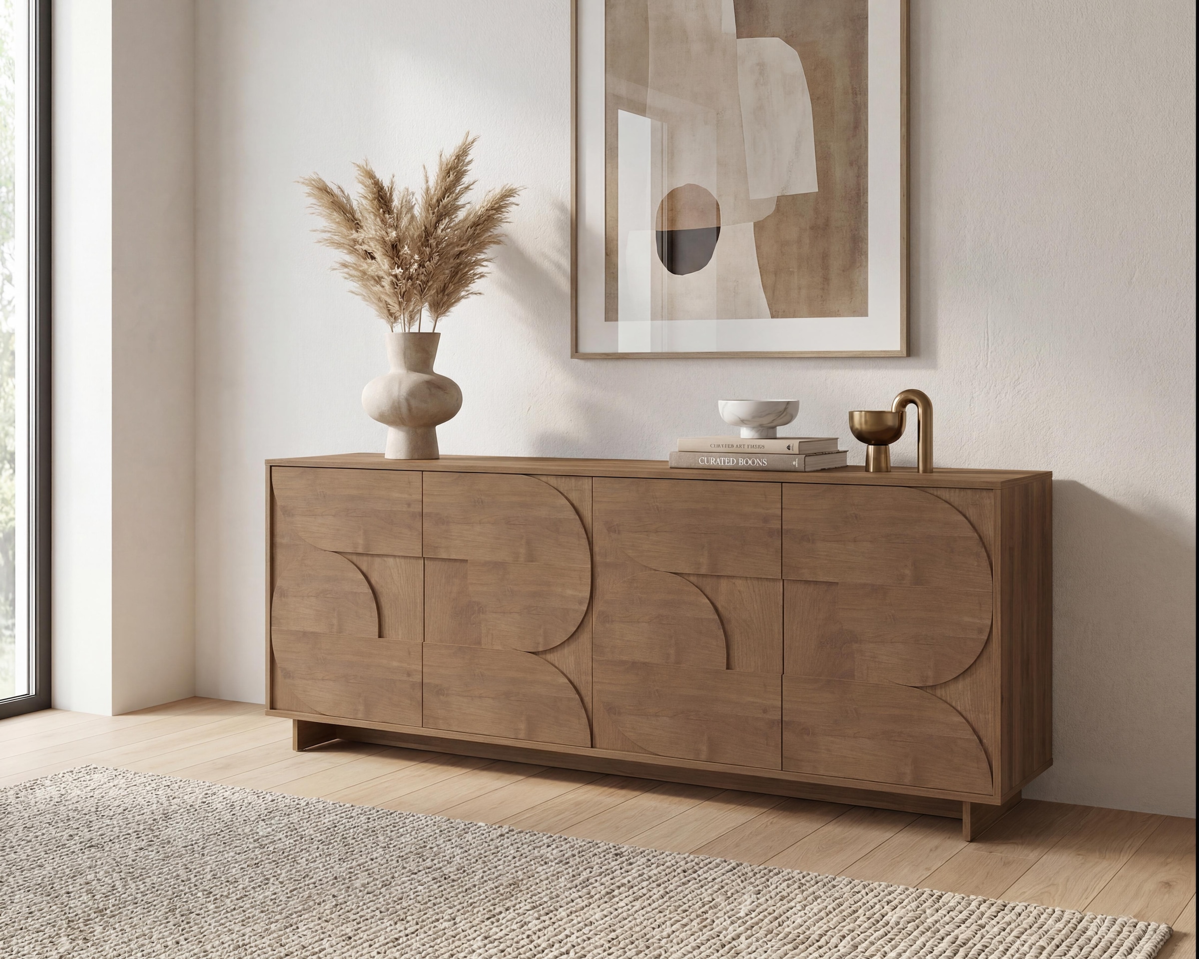 Home affaire Buffet »Zen, 205 cm breit, 4 Türen, Anrichte, Kommode, Stauraumschrank« ouverture par pression, façades 3D, structure bois Mercure, beaucoup de rangement,
