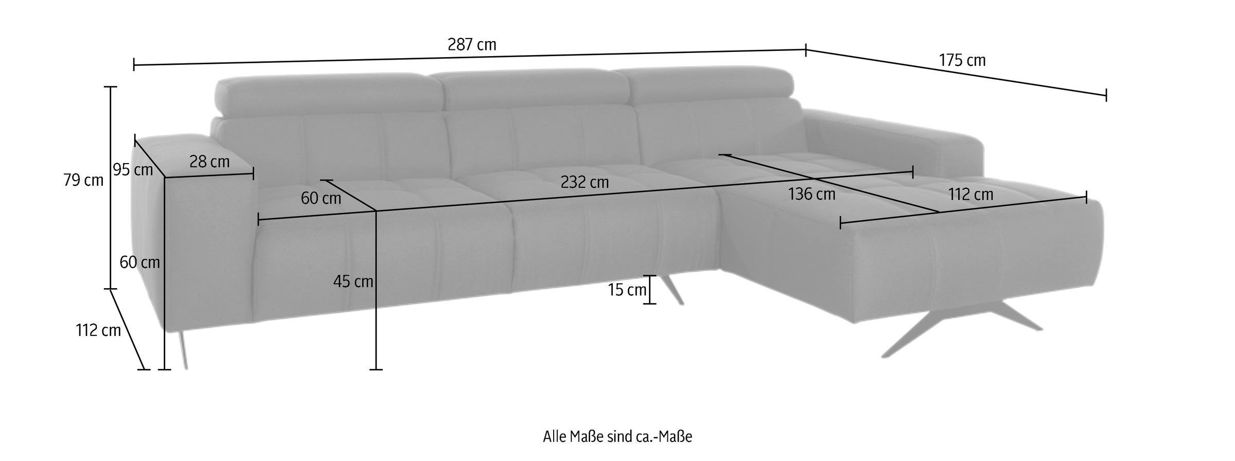 DOMO collection Ecksofa »Trento L-Form, mit Kufenfuss oder Einzelfuss«, wahlweise mit Kopfteilverstellung, Recamiere links/rechts bestellbar