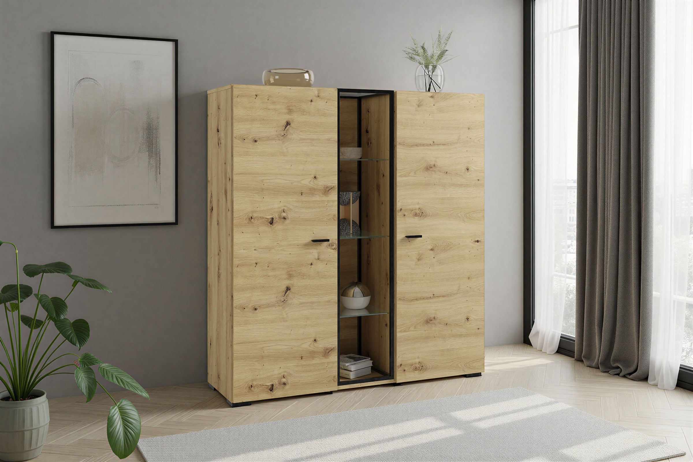 byLIVING Highboard »FRAME« Artisan Eiche, 9 Fächer, offene Fächer mit Glasböden im Metallrahmen