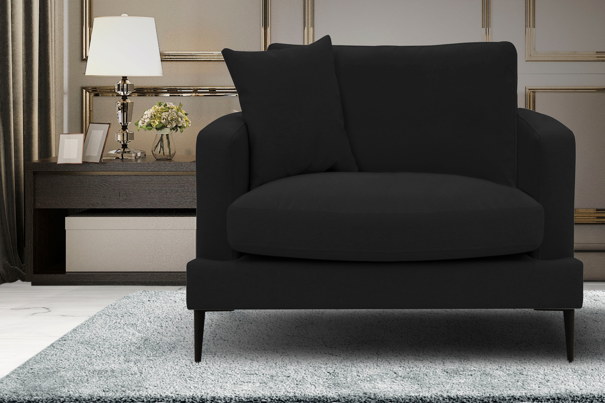 Leonique Sessel »Cozy Loungesessel, Designersessel, Masse B/T/H: 91/97/80 cm«, mit Metallbeinen und Zierkissen