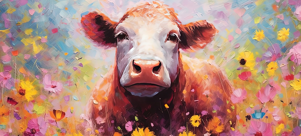 Image of Bönninghoff Leinwandbild "Wandbild KUH MIT BLUMEN XXL 90x200 cm – Leinwandbild Keilrahmen Deko" Blumen Blumenbilder Kuh Kuhbilder Kühe Tiere 1 Stk. tlg. auf Keilrahmen gespannt