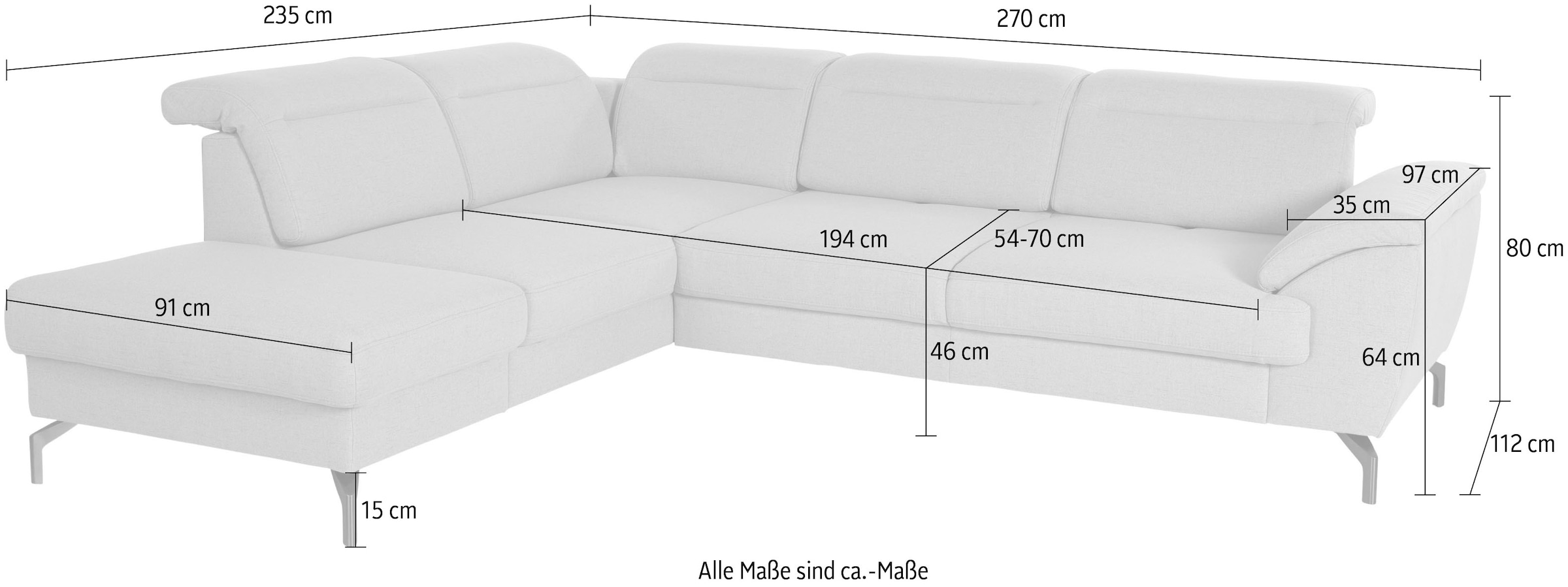 sit&more Ecksofa »Percy L-Form« 15 cm Fusshöhe, Sitztiefenverstellung, wahlweise in 2 Fussfarben