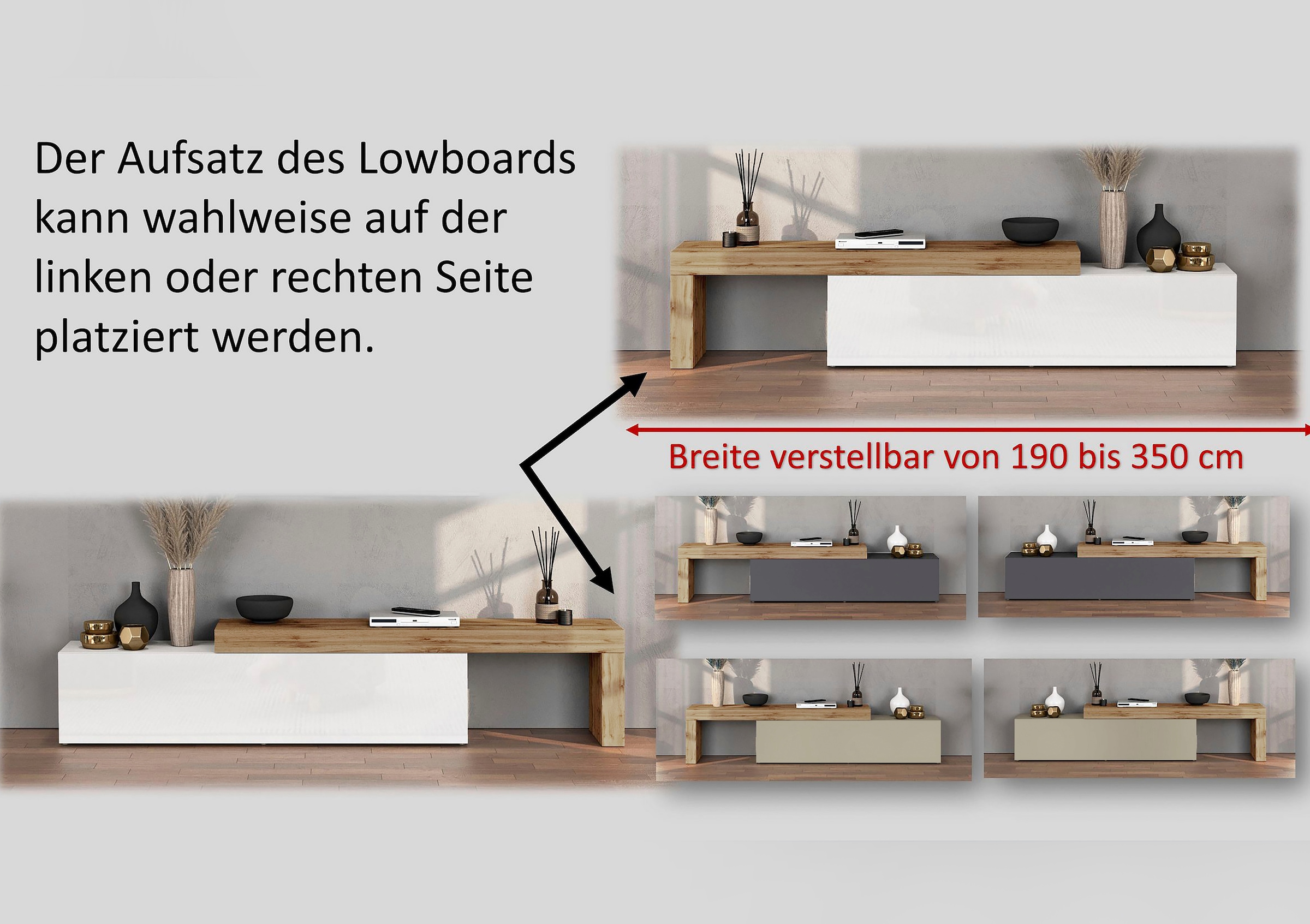 INOSIGN Table basse »Chronos TV-Board, TV-Schrank« Breite verstellbar von 190 bis 350 cm, 1 cuis tlg. Breite 270 cm TV-Board,Lowboard,1 Klappe und ein L-Förmiger Aufsatz
