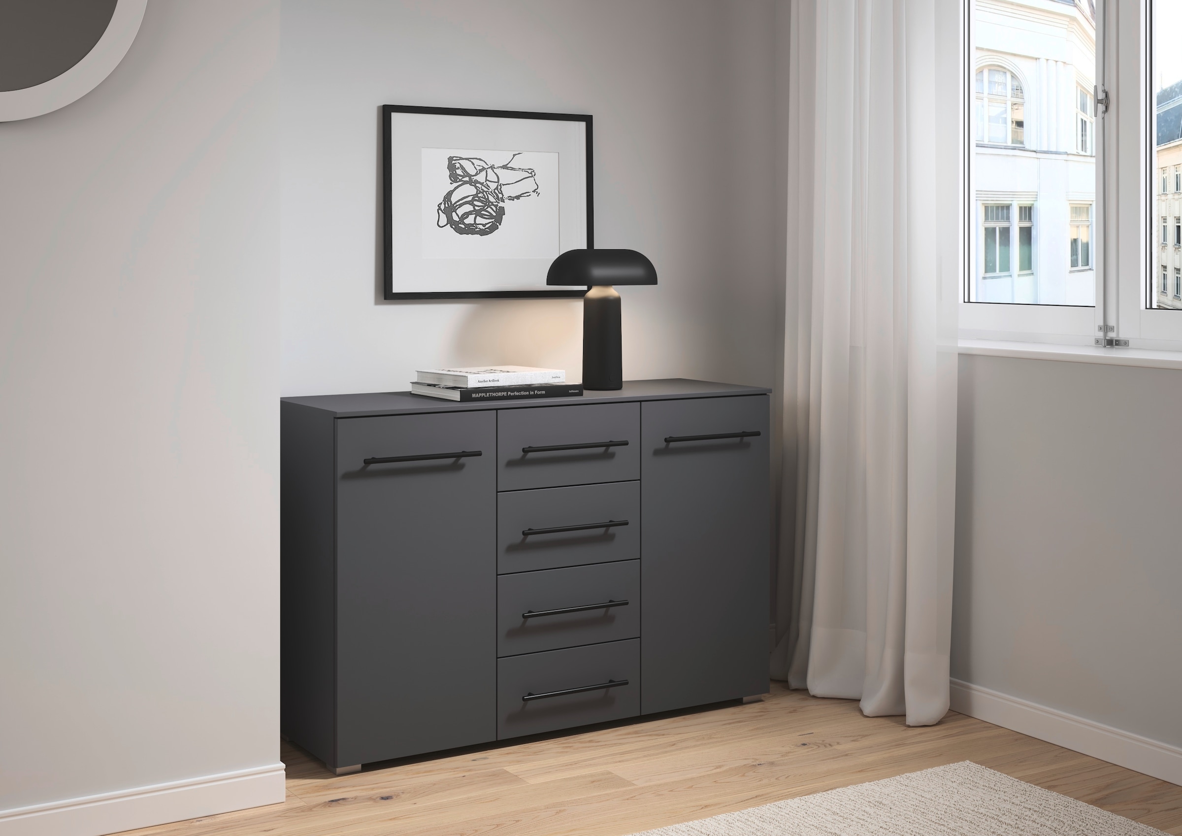GOODproduct Commode combinée »Highboard Sideboard Schubladenkommode Kommode Schlafzimmer AVOLA« Largeur 120 cm avec fonction SOFT-CLOSE et façade décorative,  quatre grands tiroirs et 2 portes, avec 4 étagères MADE IN GERMANY