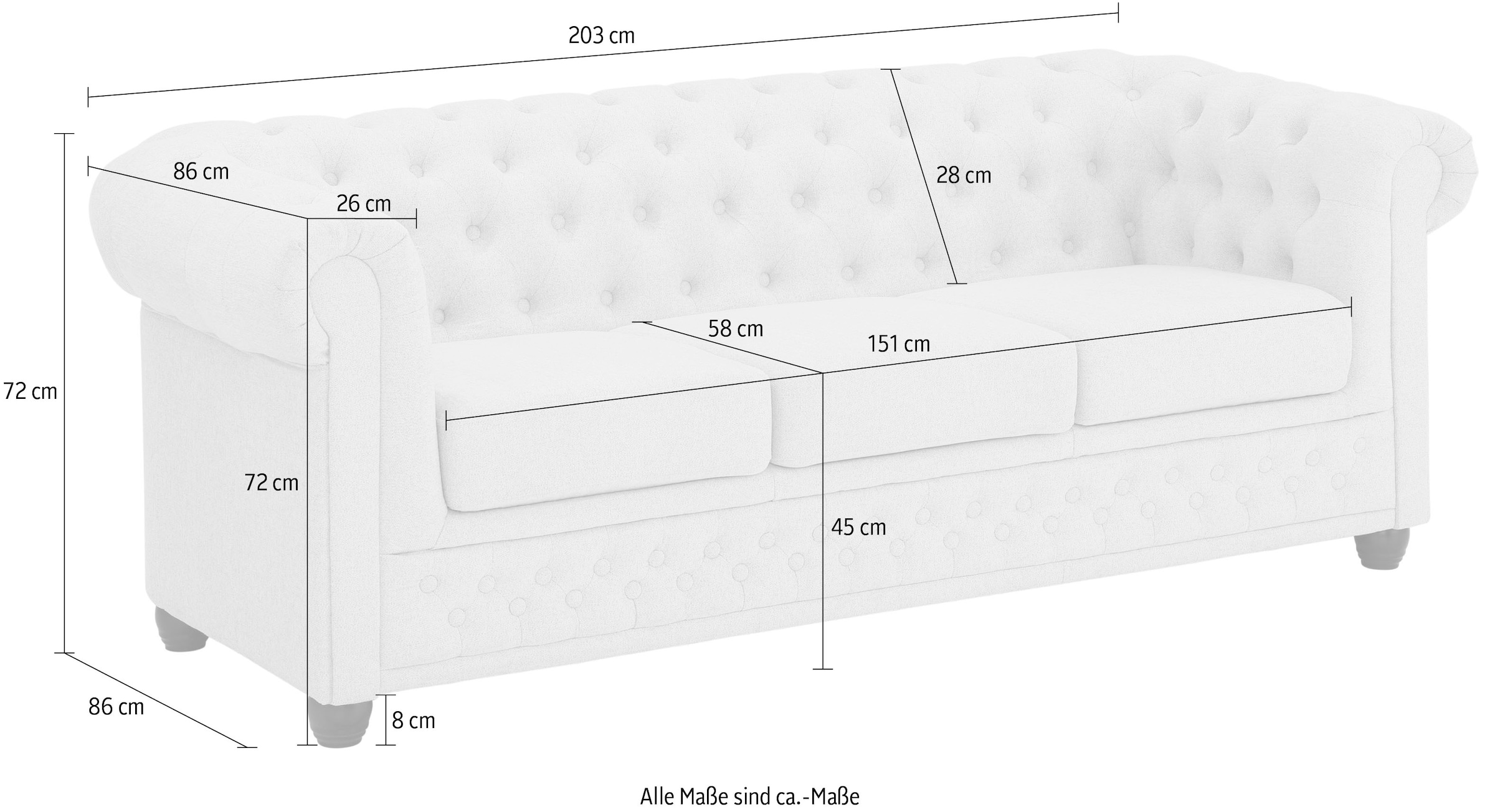 Home affaire Chesterfield-Sofa »New Castle« mit hochwertiger Knopfheftung in Chesterfield-Design, B/T/H: 203/86/72