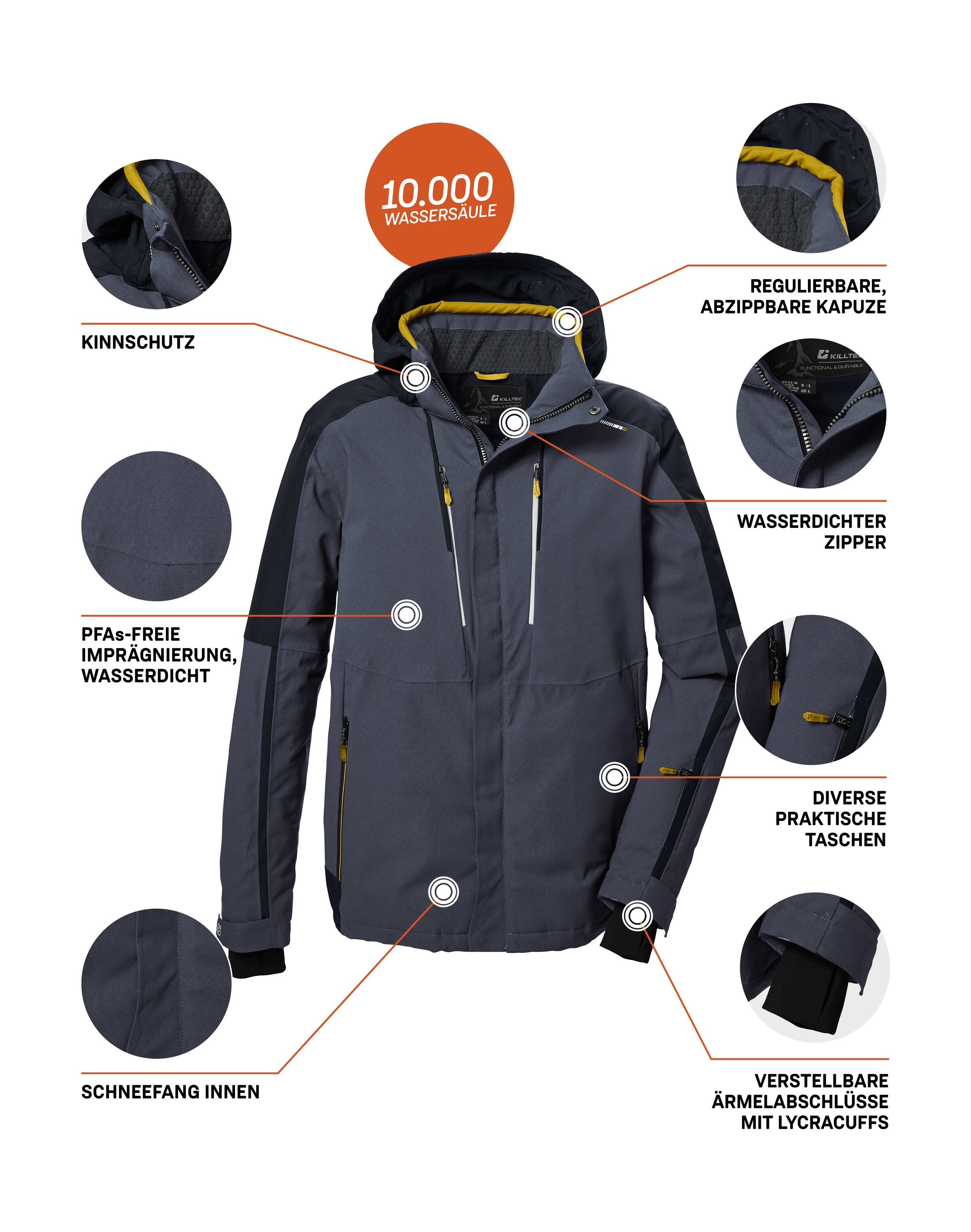 Killtec Skijacke »KSW 69 MN SKI JCKT«, Atmungsaktive, wasserdichte Skijacke mit abnehmbarer Kapuze