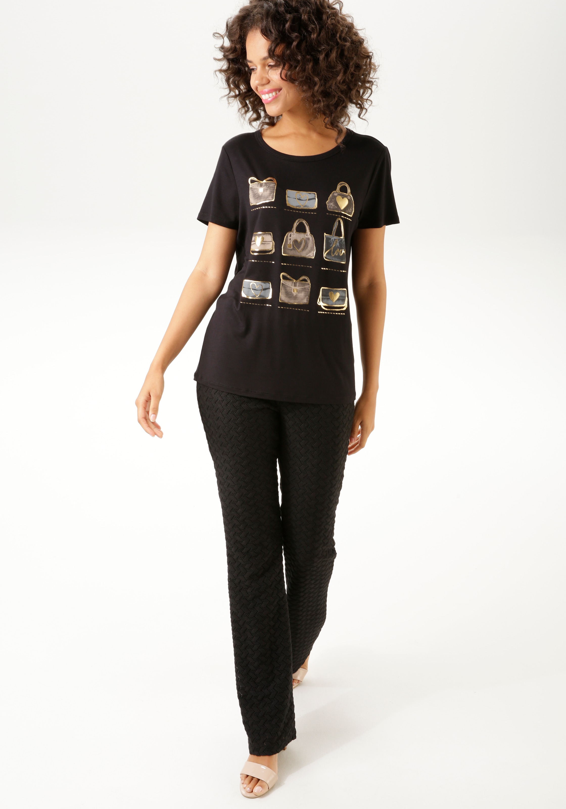 Aniston Frontdruck, bestellen Folienprint ♕ T-Shirt, glitzerndem NEUE versandkostenfrei teilweise - CASUAL mit KOLLEKTION