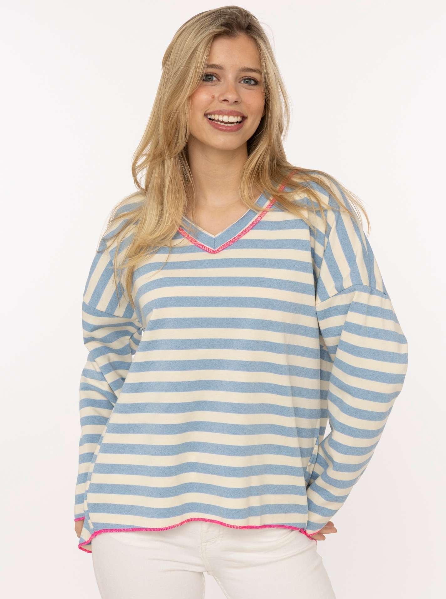 Image of Zwillingsherz Sweatshirt ""Neon Streifen"", offene Kanten für Used-Look, One-Size, Kontrastnaht, V-Neck