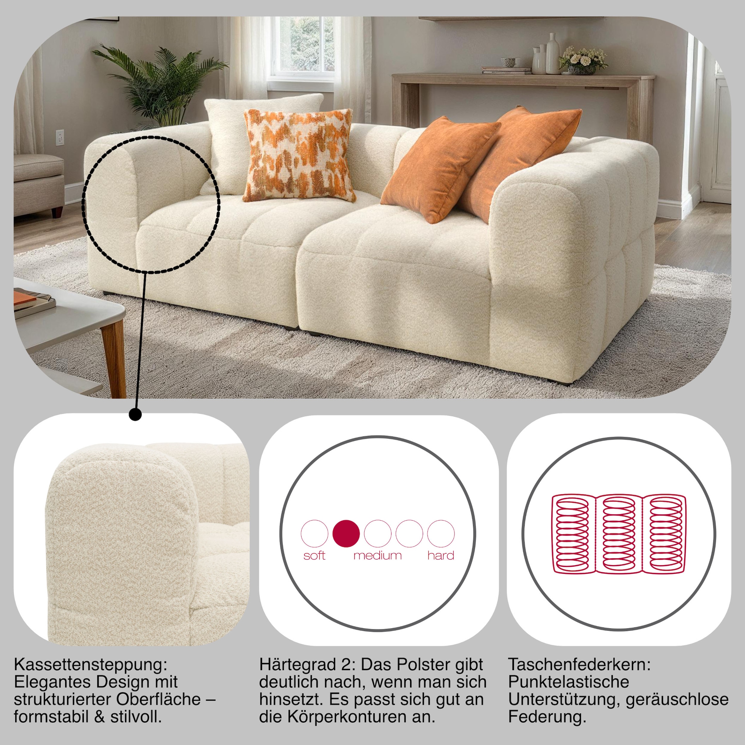 DOMO collection Big-Sofa »Ghent Megasofa in 2 Breiten, modern, bequem, Breite 220 oder 250cm« Mit Taschenfederkern und Kassettensteppung