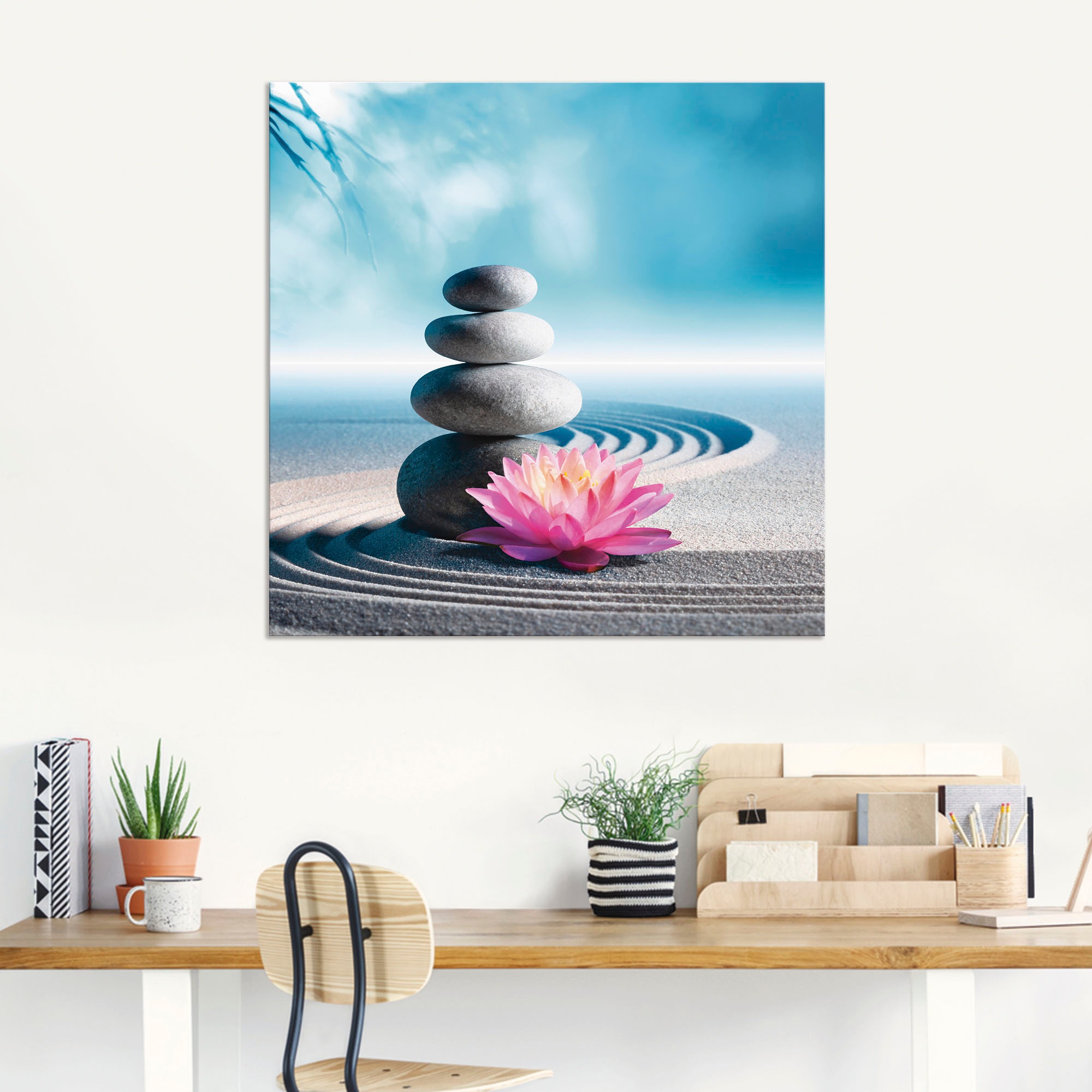 Artland Wandbild »Sand, Lilie und Spa-Steine in Zen-Garten«, Zen, (1 St.), als Alubild, Outdoorbild, Leinwandbild, Poster in verschied. Grössen