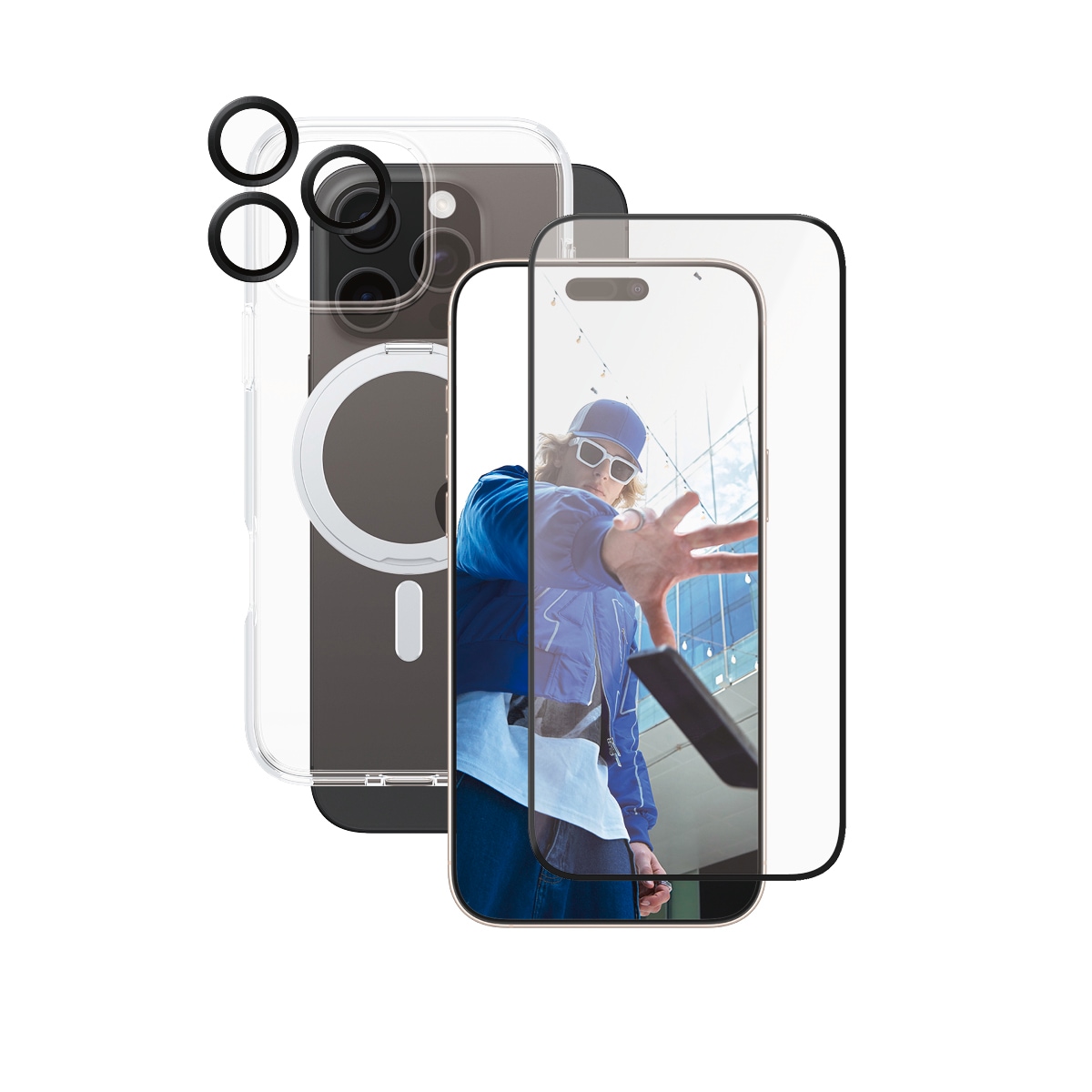 CARE by PanzerGlass Displayschutzglas »3-in-1 Protection, Ceramic Glass, Kickstand Case, Lens Cover«, für Apple iPhone 16 Pro Max, Displayschutzfolie, Schutzfolie, Bildschirmschutz, kratz- & stossfest