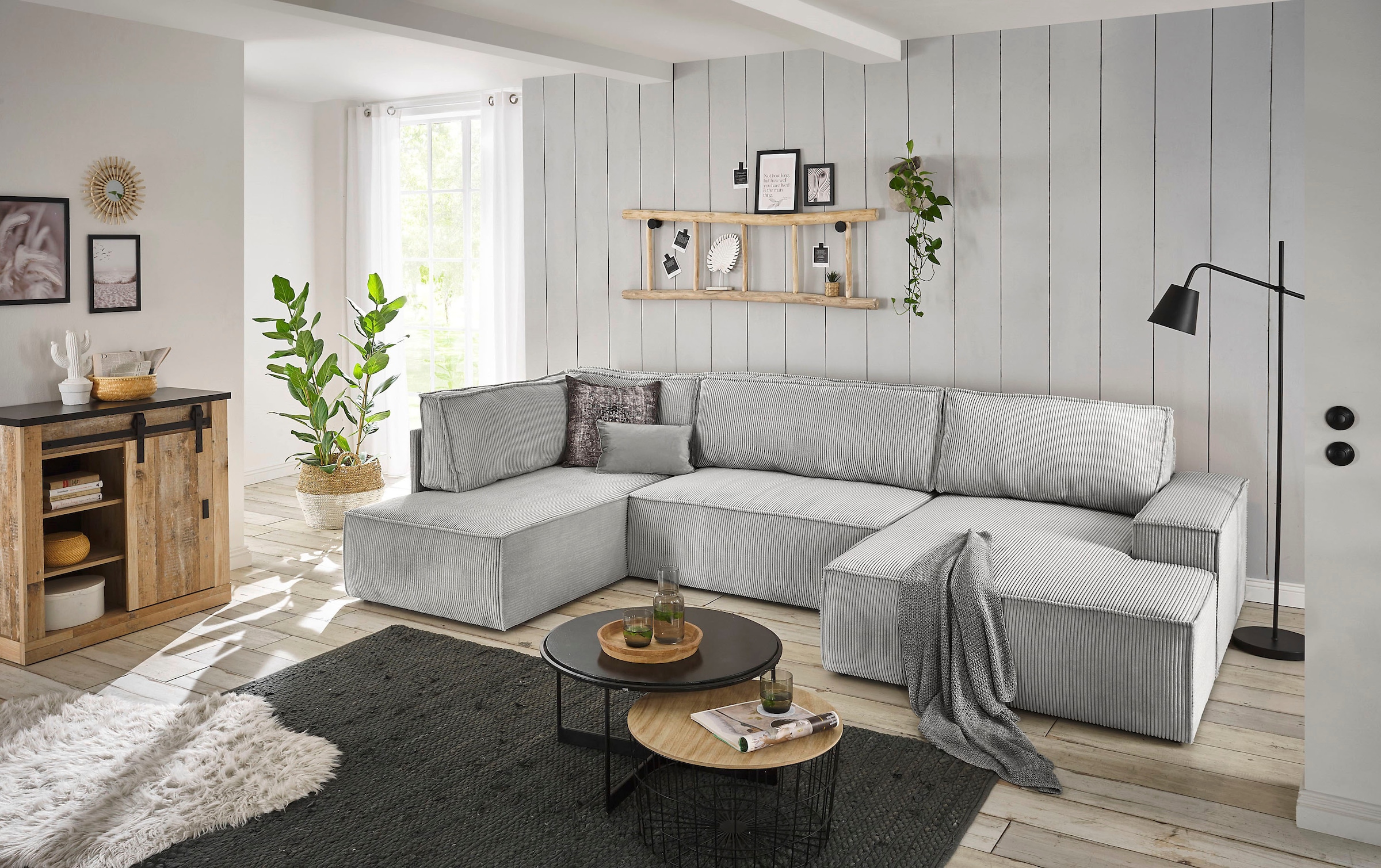 Home affaire Wohnlandschaft »SHERWOOD 329 cm, U-Form, Schlafsofa,«, Schlaffunktion m. Bettkasten (194x139 cm), Cord, Vintage, Samtvelours