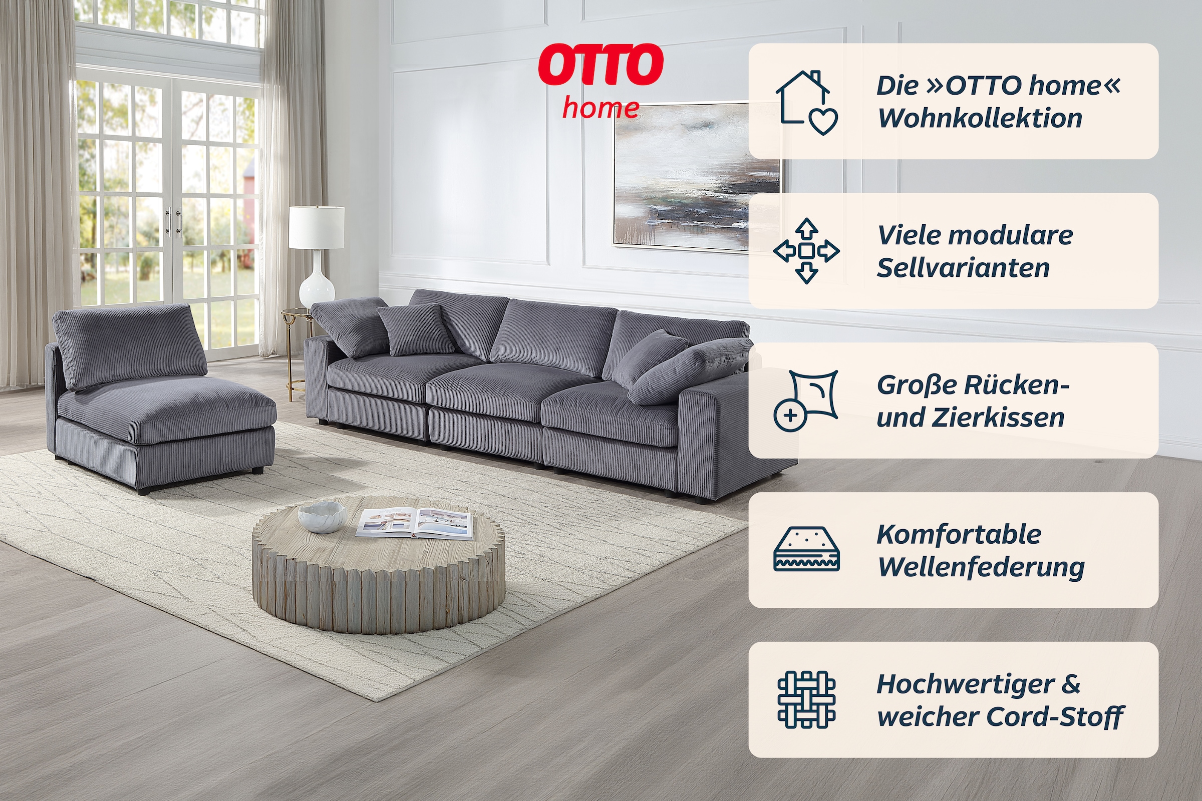 GOODproduct 4 places »Berny, individuell stellbar, modular-Sofa« comprend 2 grands et 2 petits coussins décoratifs en velours côtelé doux