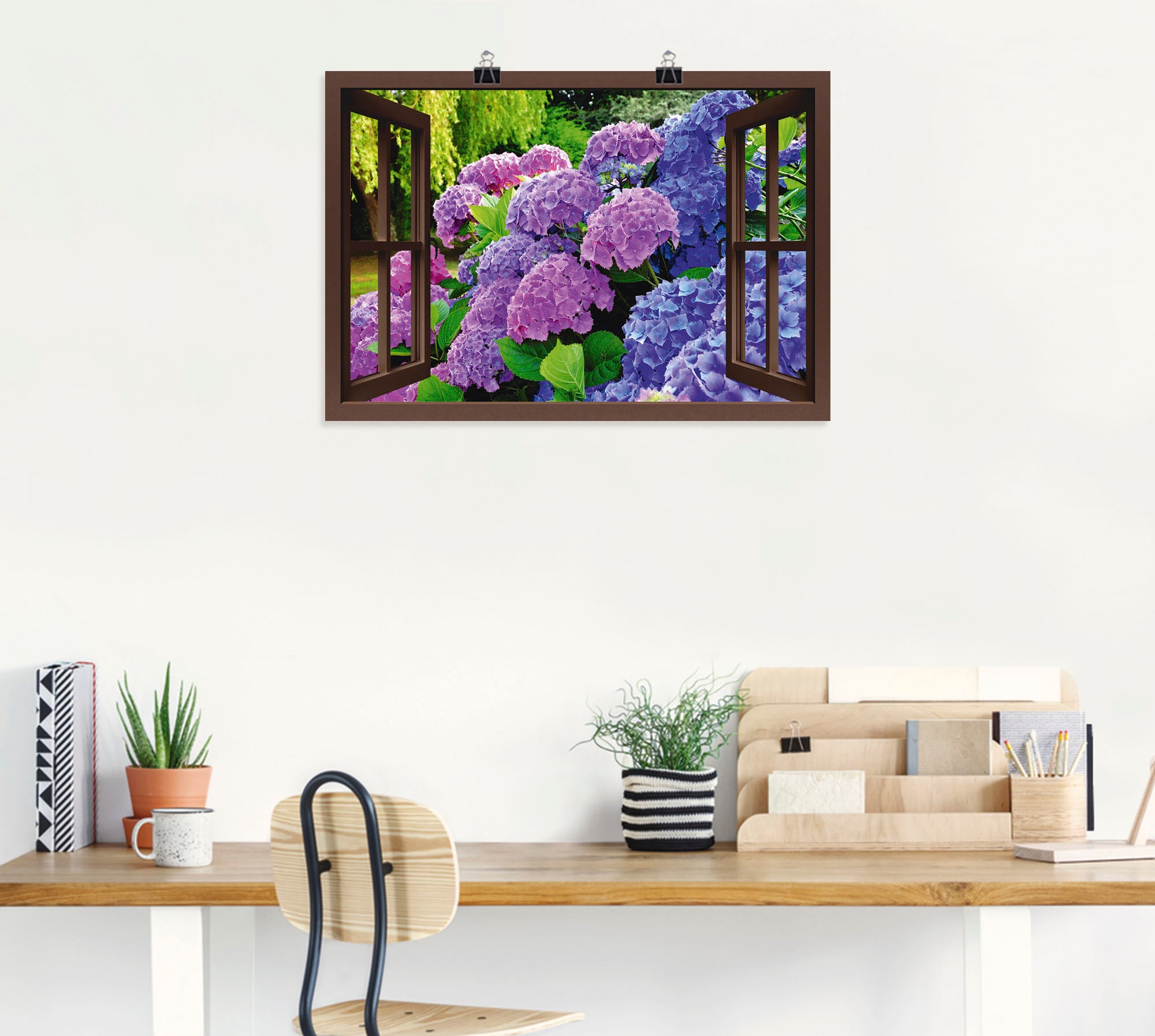 Artland Wandbild »Fensterblick - Hortensien im Garten«, Blumen, (1 St.), als Leinwandbild, Poster in verschied. Grössen