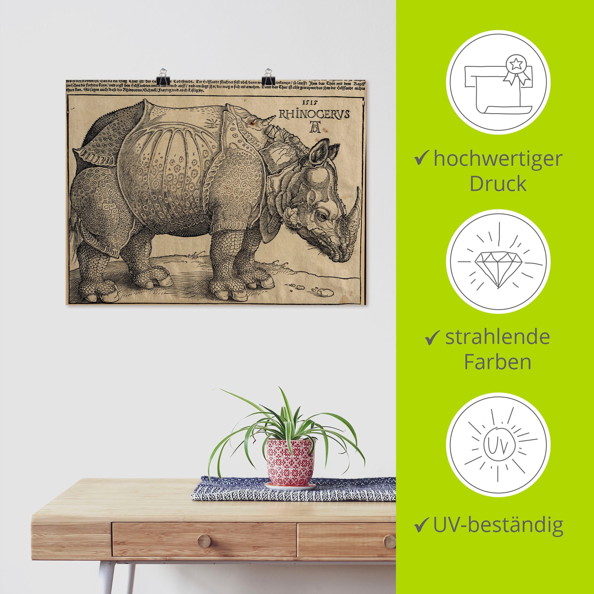 Artland Kunstdruck »Nashorn. 1515. Für König Emanuel.«, Wildtiere, (1 St.), als Leinwandbild, Wandaufkleber oder Poster in versch. Grössen