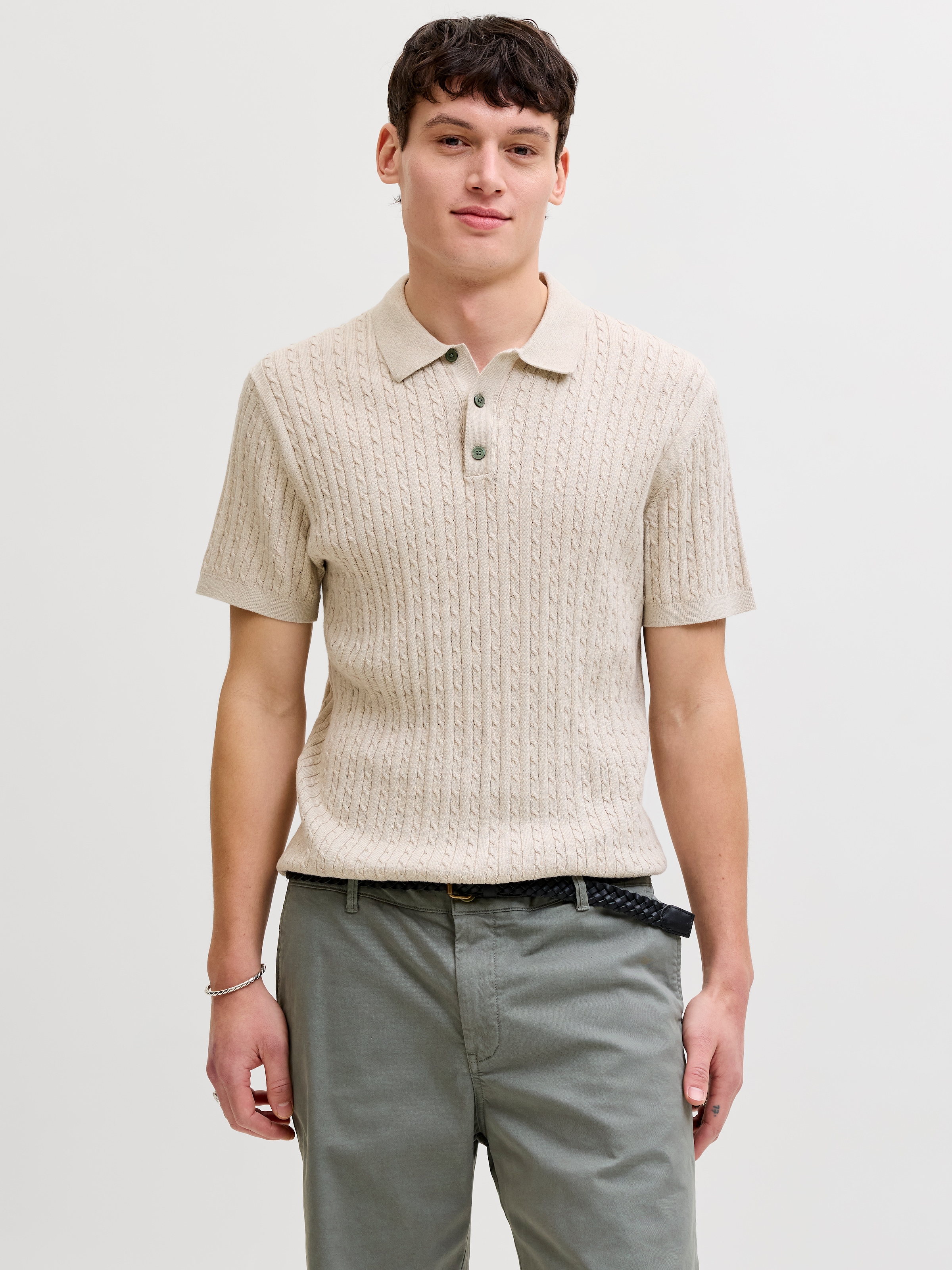 Image of Jack & Jones Polokragenpullover "JJEEMIL KNIT CABLE POLO SS LN" mit Polokragen