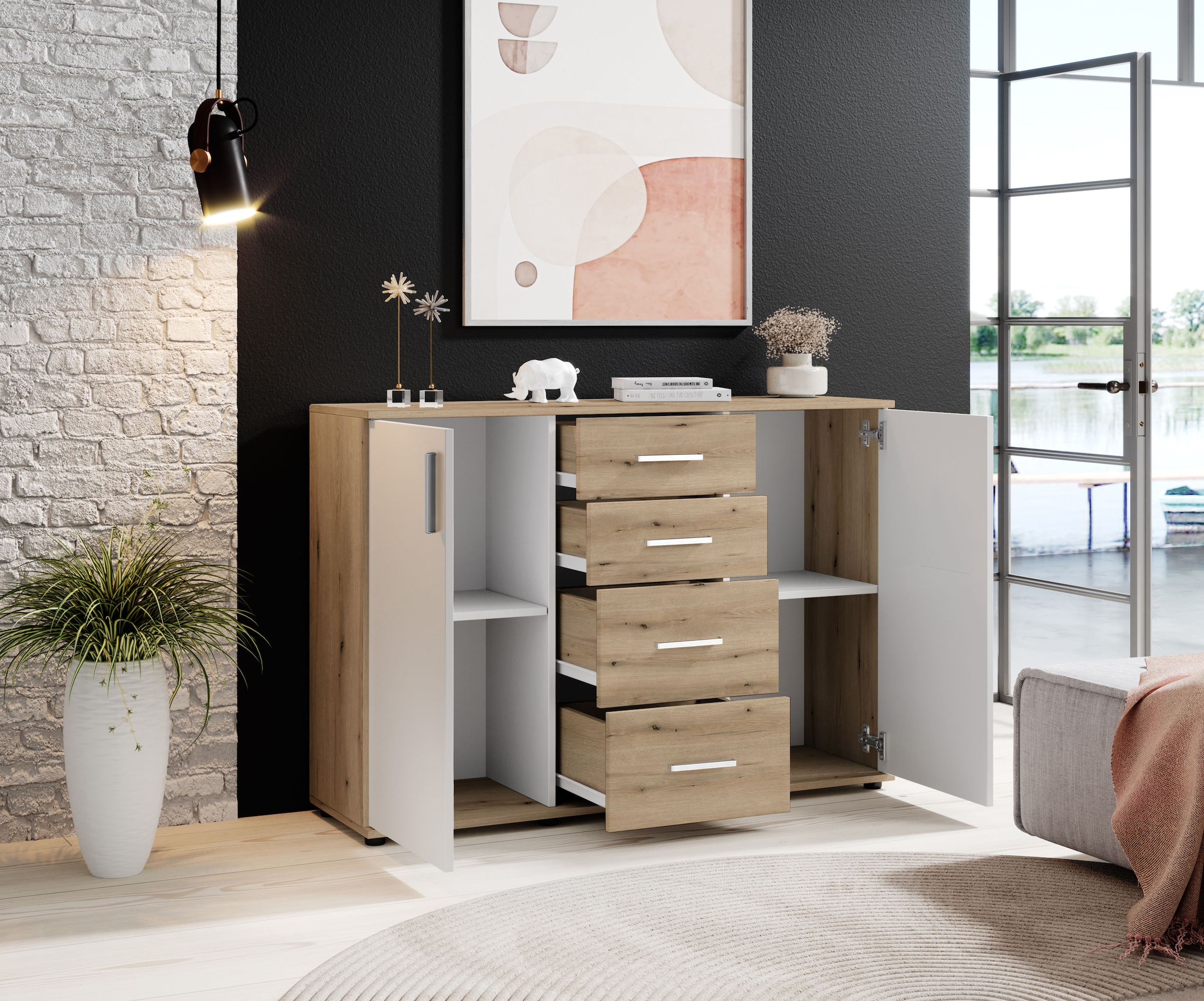 HBZ Kommode »BC-Drift-2, Sideboard Stellmass 120x84x35 cm« 1 Stk. tlg. Sideboard mit 2 Türen, 4 Schubkästen, 2 Einlegeböden