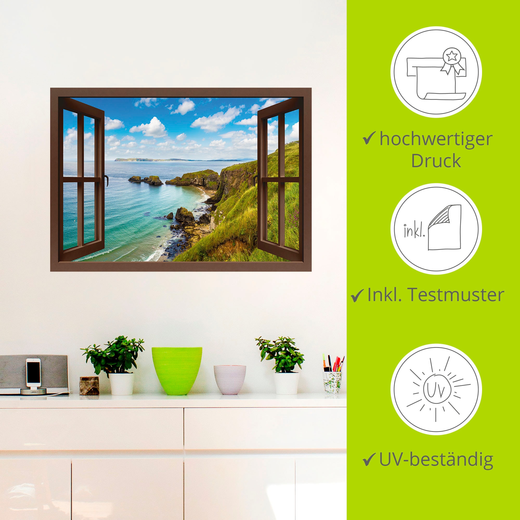 Artland Wandbild »Küstenweg in Nordirland durchs Fenster«, Meer Bilder, (1 St.), als Alubild, Outdoorbild, Leinwandbild, Wandaufkleber, versch. Grössen