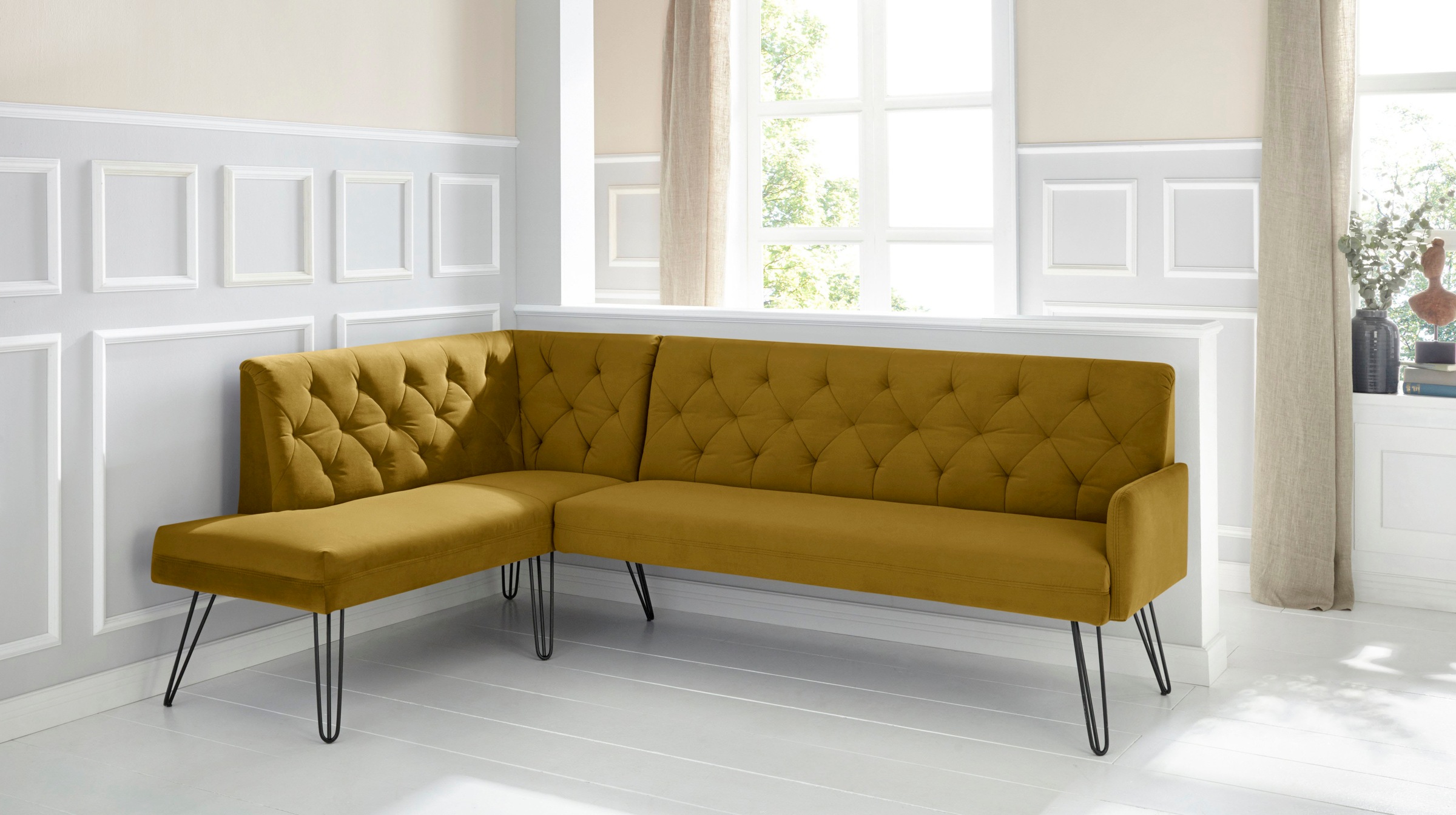 exxpo - sofa fashion Eckbank »Doppio, Chesterfield Optik, komfortabel und bequem, hohe Designfüsse«, Frei im Raum stellbar