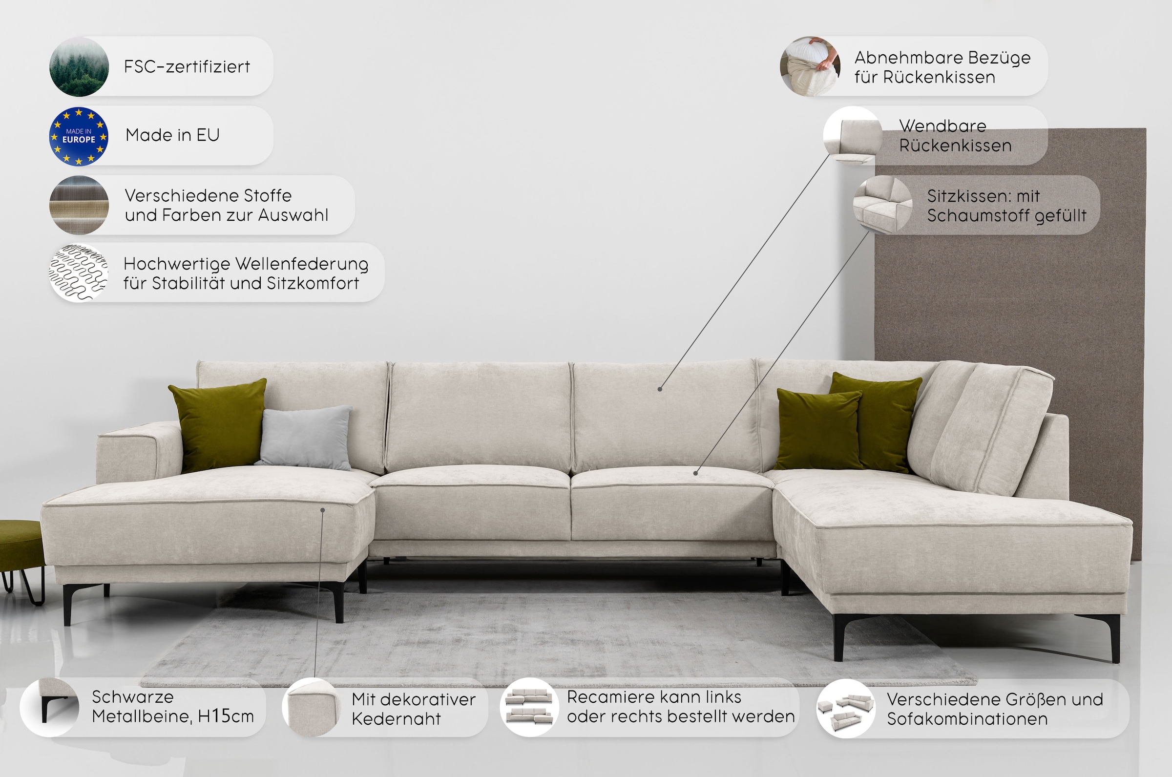 Places of Style Wohnlandschaft »XXL Sofa Oland, Struktur, Flachgewebe, Luxus-Microfaser, Boucle«, U-Form, 345 cm, Wellenunterfederung, Skandi-Design, Metallfüsse