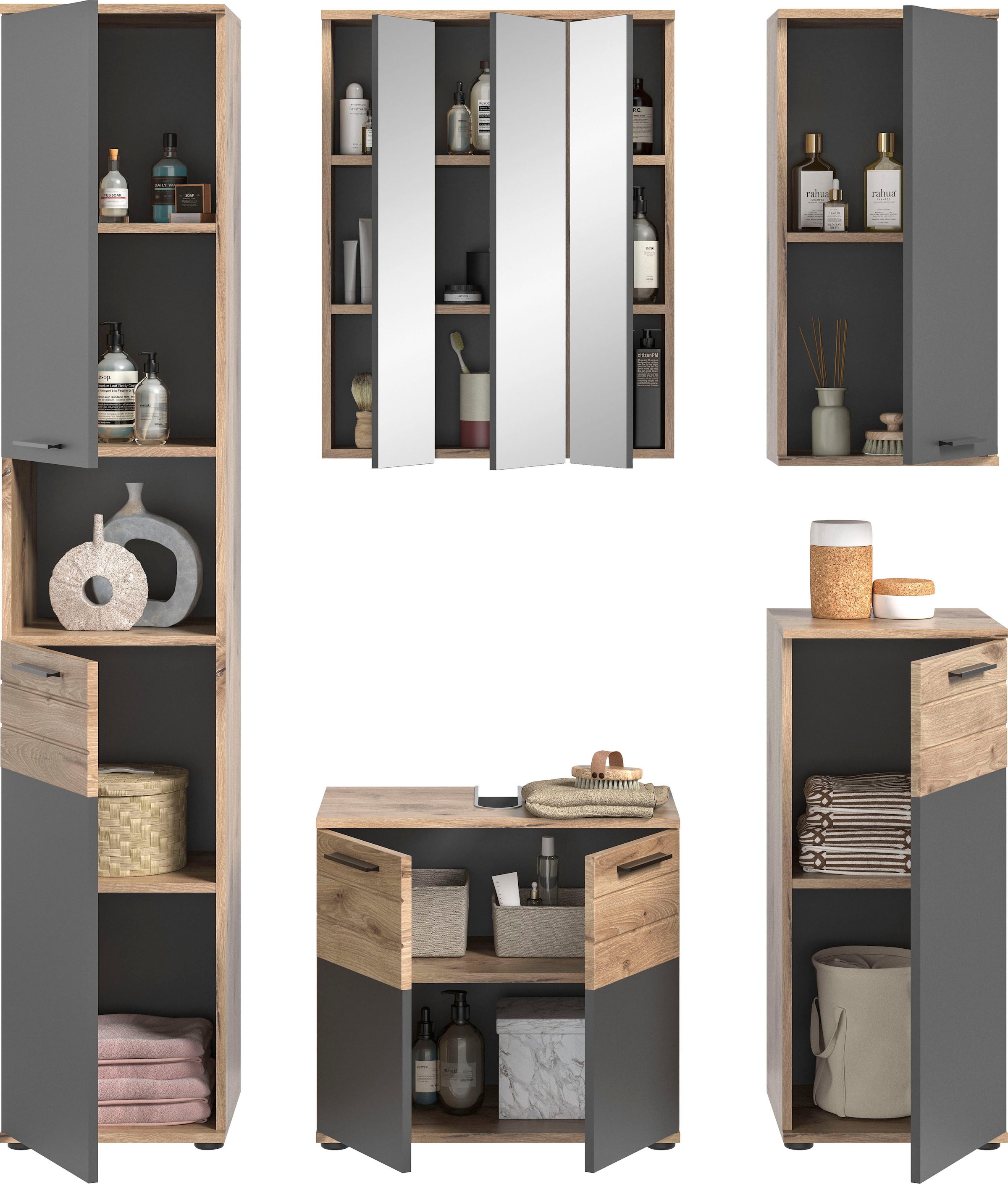INOSIGN Badmöbel-Set »Riga, 5 teilig, bestehend aus:«, (Set, 5 St.), Hochschrank, WBU, Spiegel, Unterschrank, Hängeschrank
