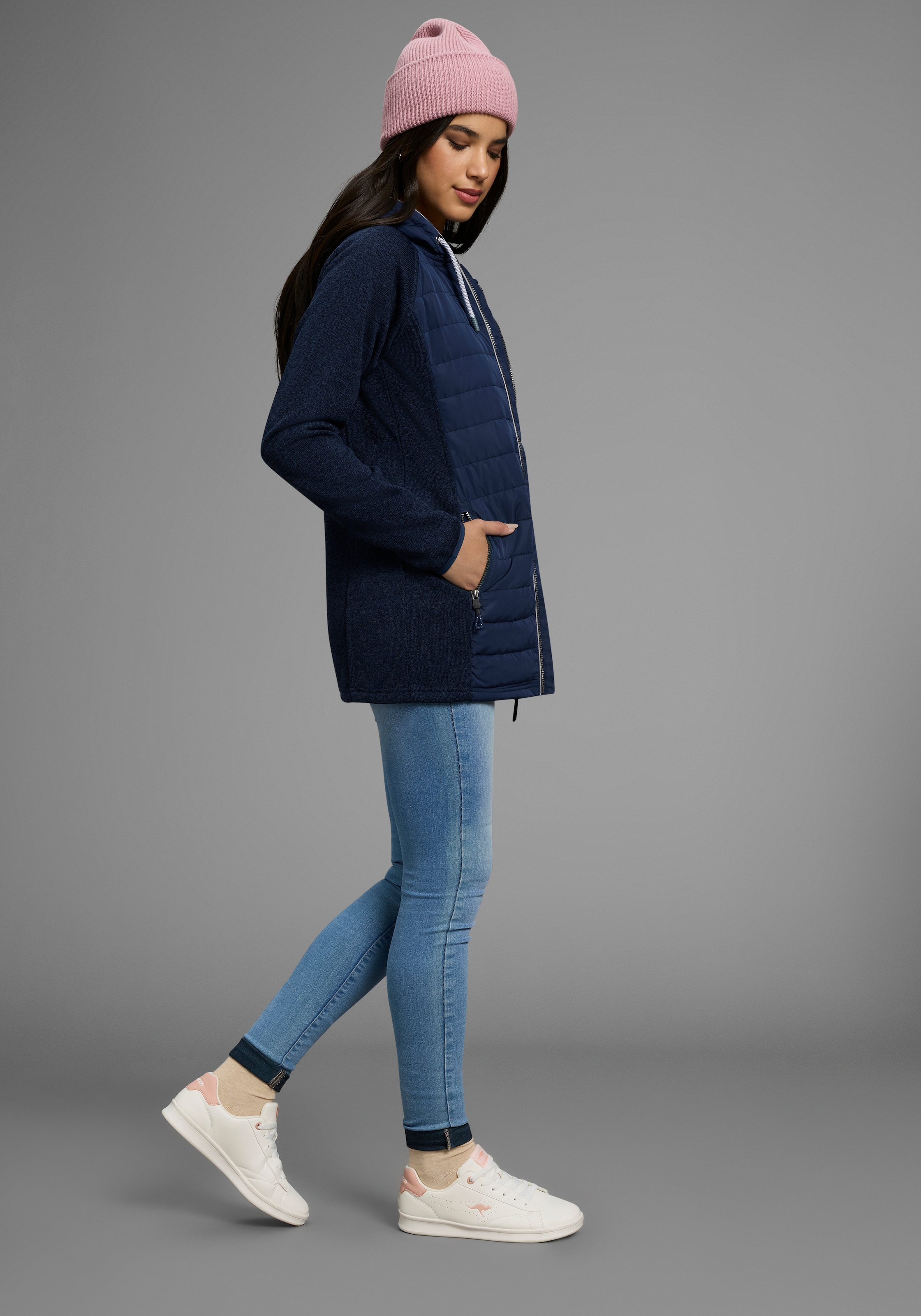 Polarino Strickfleecejacke, mit Kapuze, mit wattiertem Bereich-Hybridjacke, Übergangsjacke