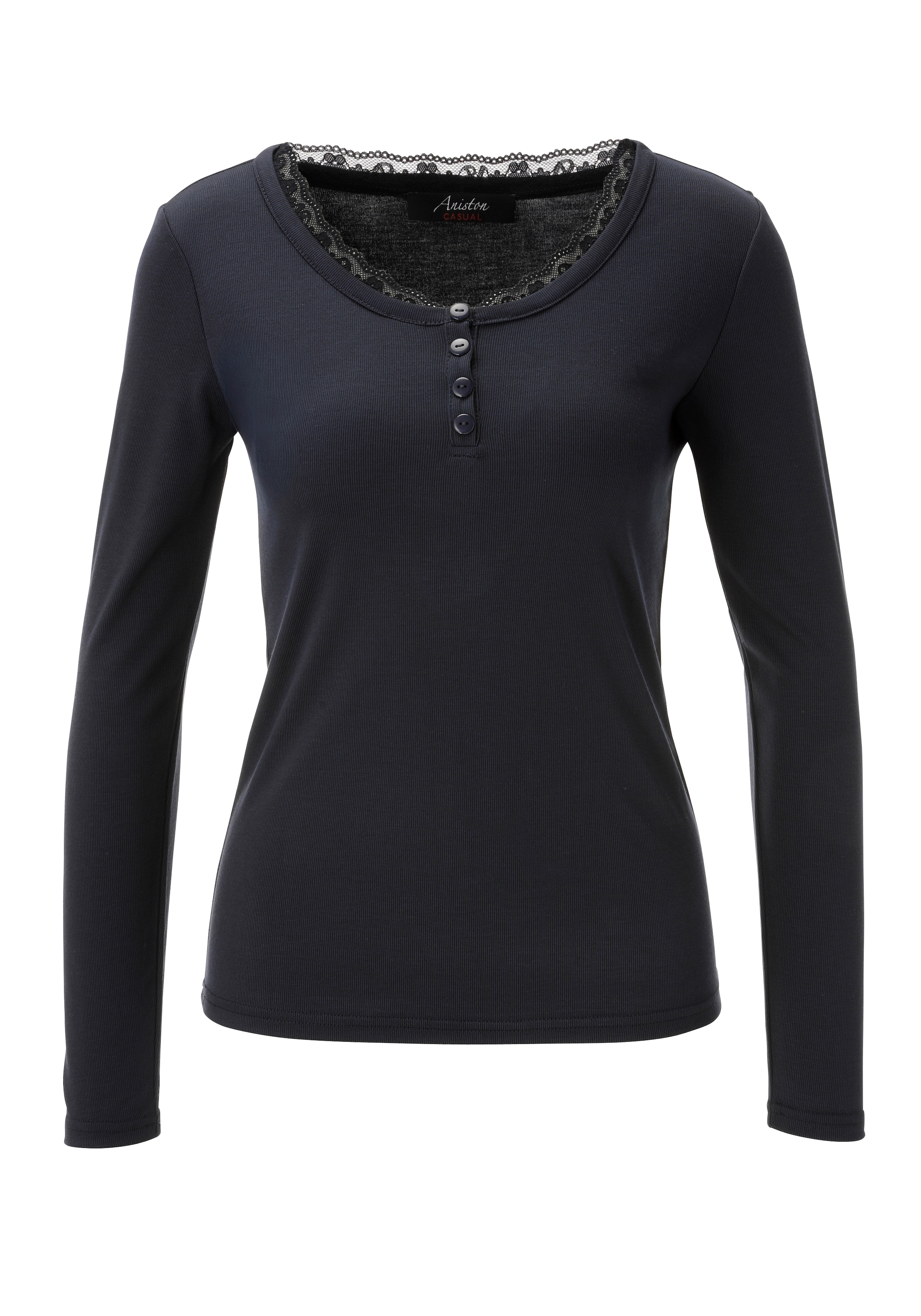 Aniston CASUAL T-shirt à manches longues avec dentelle ondulée au col rond - NOUVELLE COLLECTION