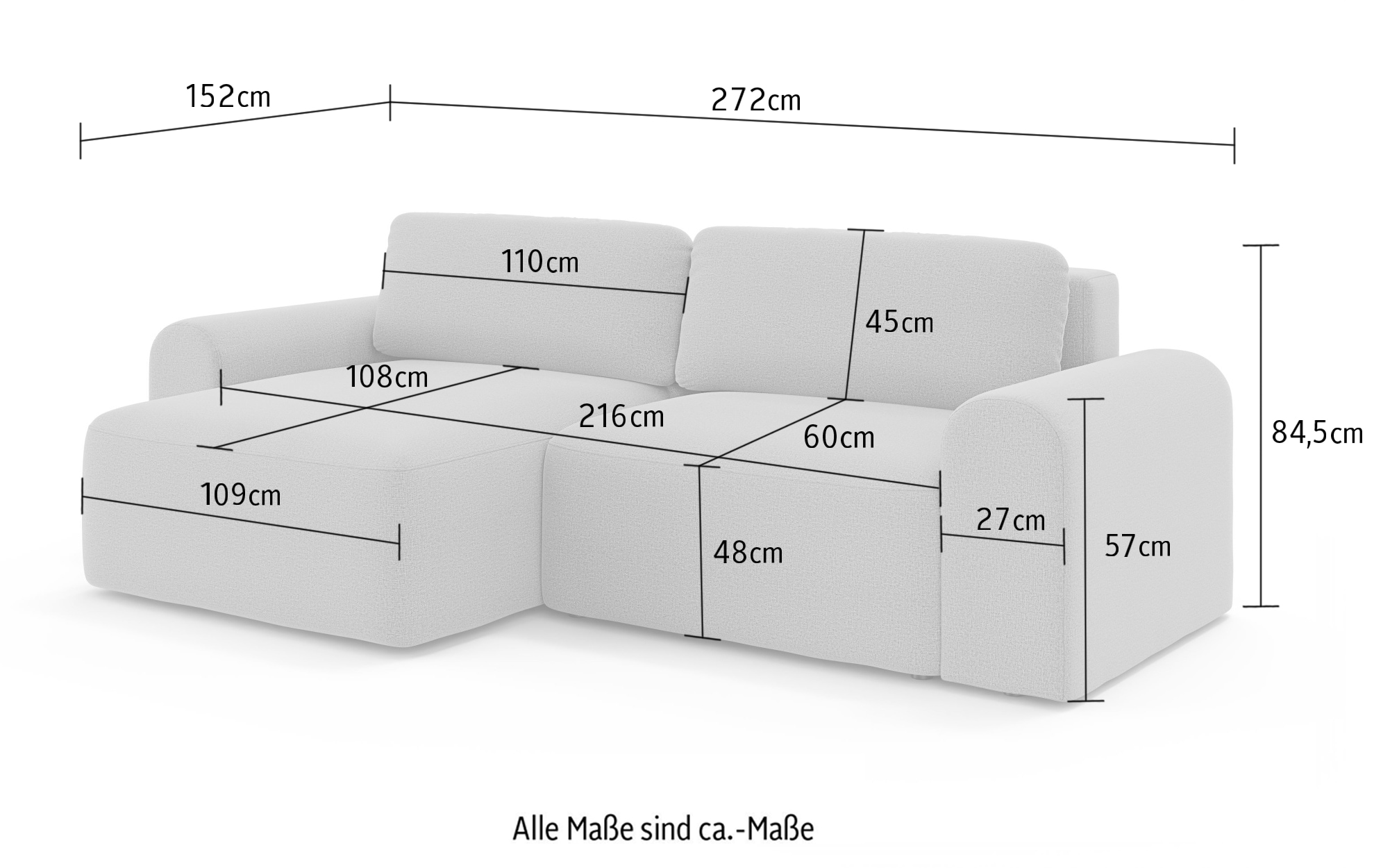 GOODproduct Canapé d'angle »LEOO universell Schlafsofa mit Bettkasten, Masse B/T/H: 272/152/84,5 cm« L-Form mit Recamiere rechts oder links montierbar, hoher Sitzkomfort