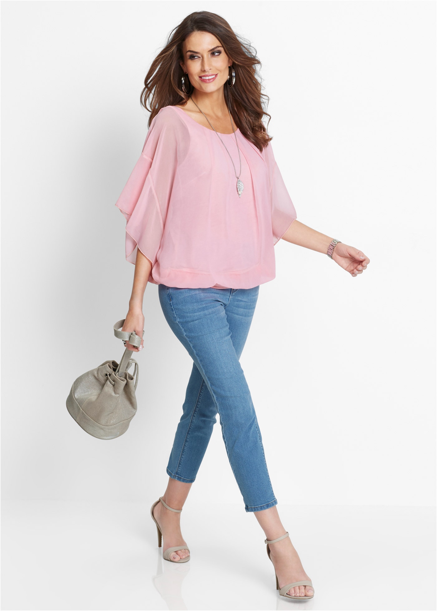 bonprix Blouse en mousseline »Chiffonbluse mit Untertop« Oversize-Passform, für festliche Anlässe, mit elastischem Bund