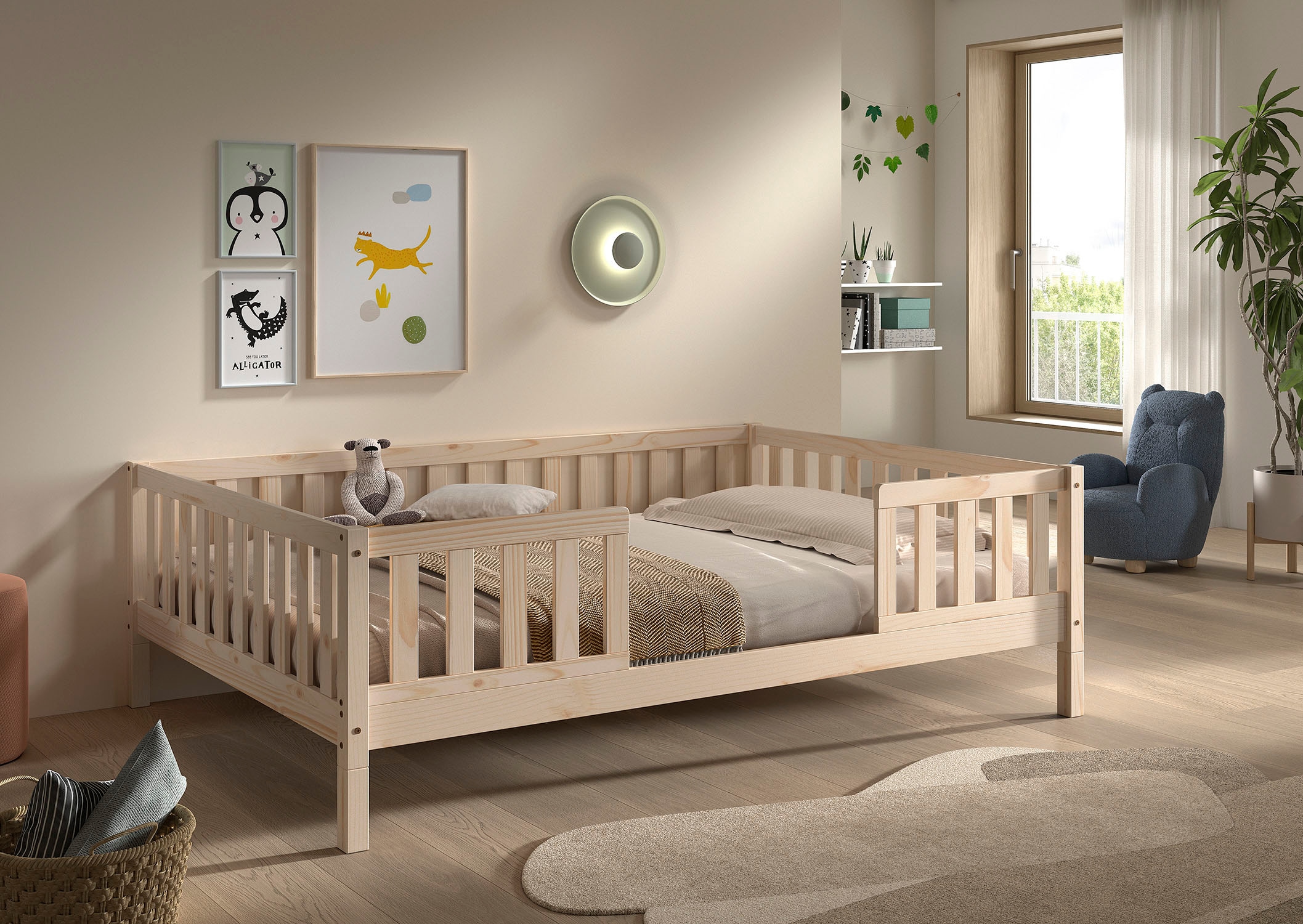 Vipack Kinderbett »Dallas, massiv Bett, Rausfallschutz, umbaubar vom Boden- zum Daybett« inkl. Rolllattenrost und Sprossenumrandung, 90 oder 140x200 cm breit,  stabil und standfest gebaut, wahlweise Kiefer massiv natur oder weiss