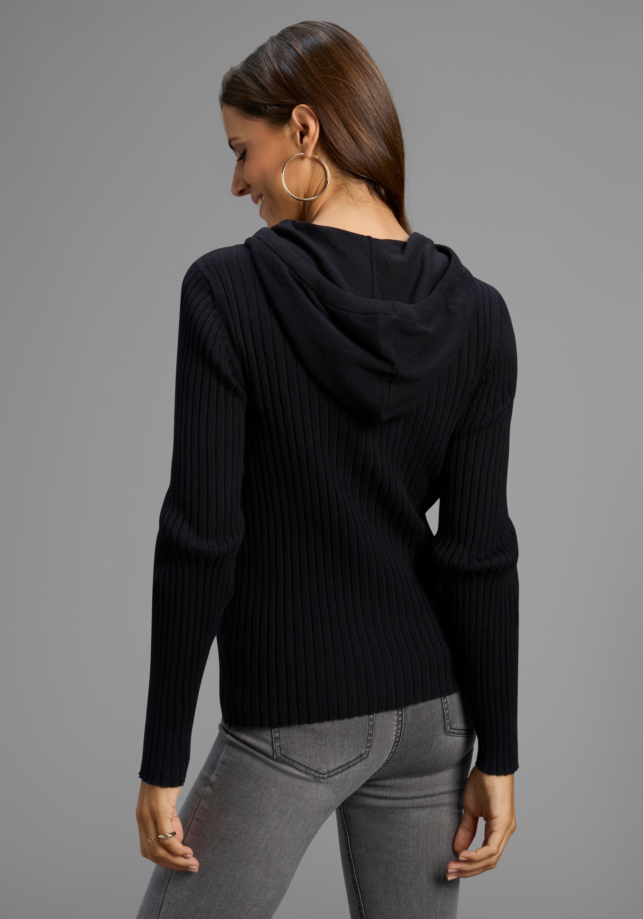 Laura Scott Kapuzenstrickjacke Feinstrick mit Rippe mit 2-Wege-Reissverschluss - NEUE KOLLEKTION