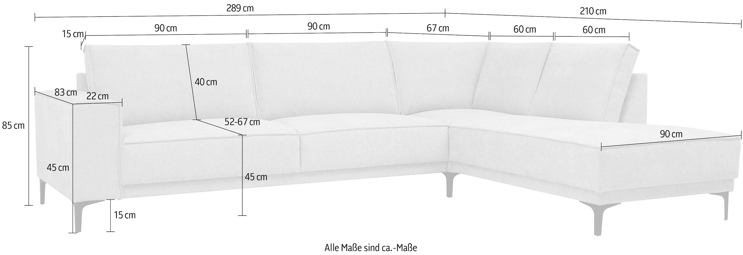 Places of Style Ecksofa »Polsterecke Oland, Struktur, Flachgewebe, Luxus-Microfaser, Boucle«, L-Form, 289 cm, Wellenunterfederung, Skandi-Design, Metallfüsse