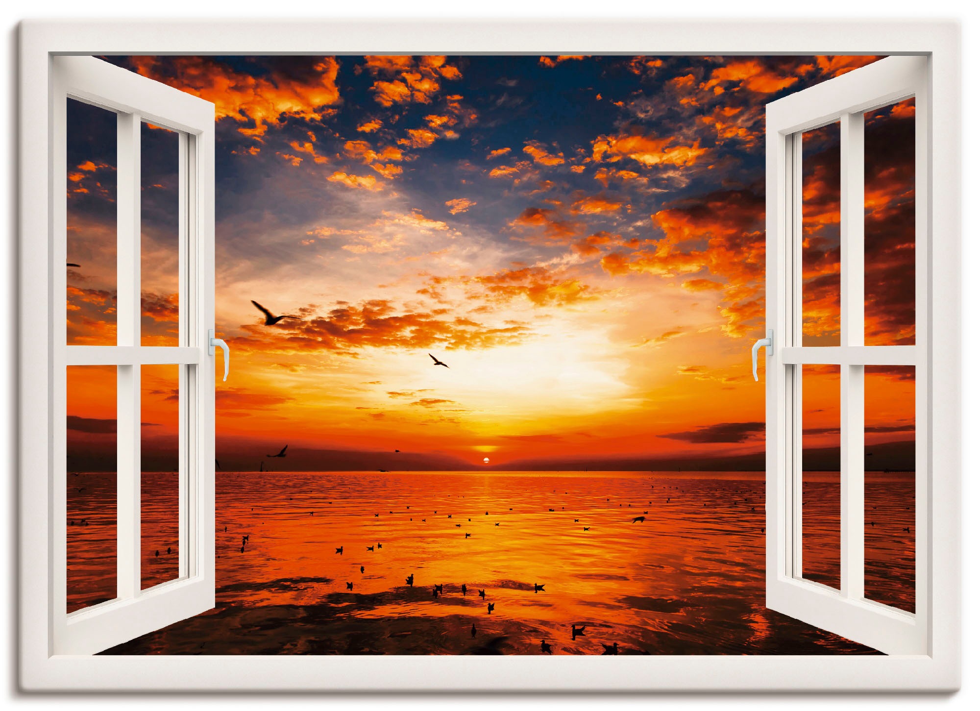 Image of Artland Wandbild »Fensterblick Sonnenuntergang am Strand«, Fensterblick, (1 St.), in vielen Grössen & Produktarten -Leinwandbild, Poster, Wandaufkleber / Wandtattoo auch für Badezimmer geeignet bei Ackermann Versand Schweiz